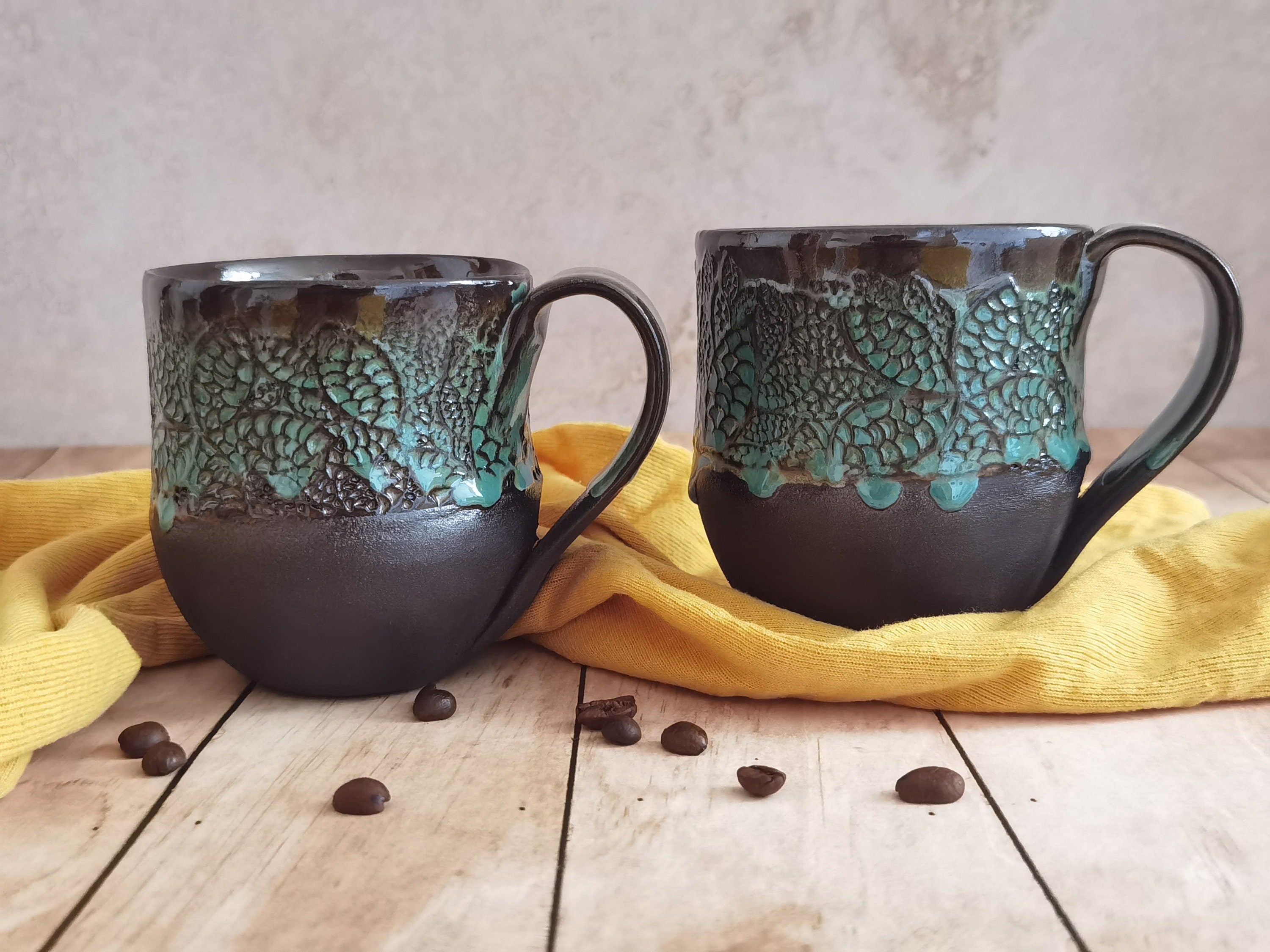Handmade Ceramic Mugs: Black & Turquoise Pottery Cups (Set of 2)