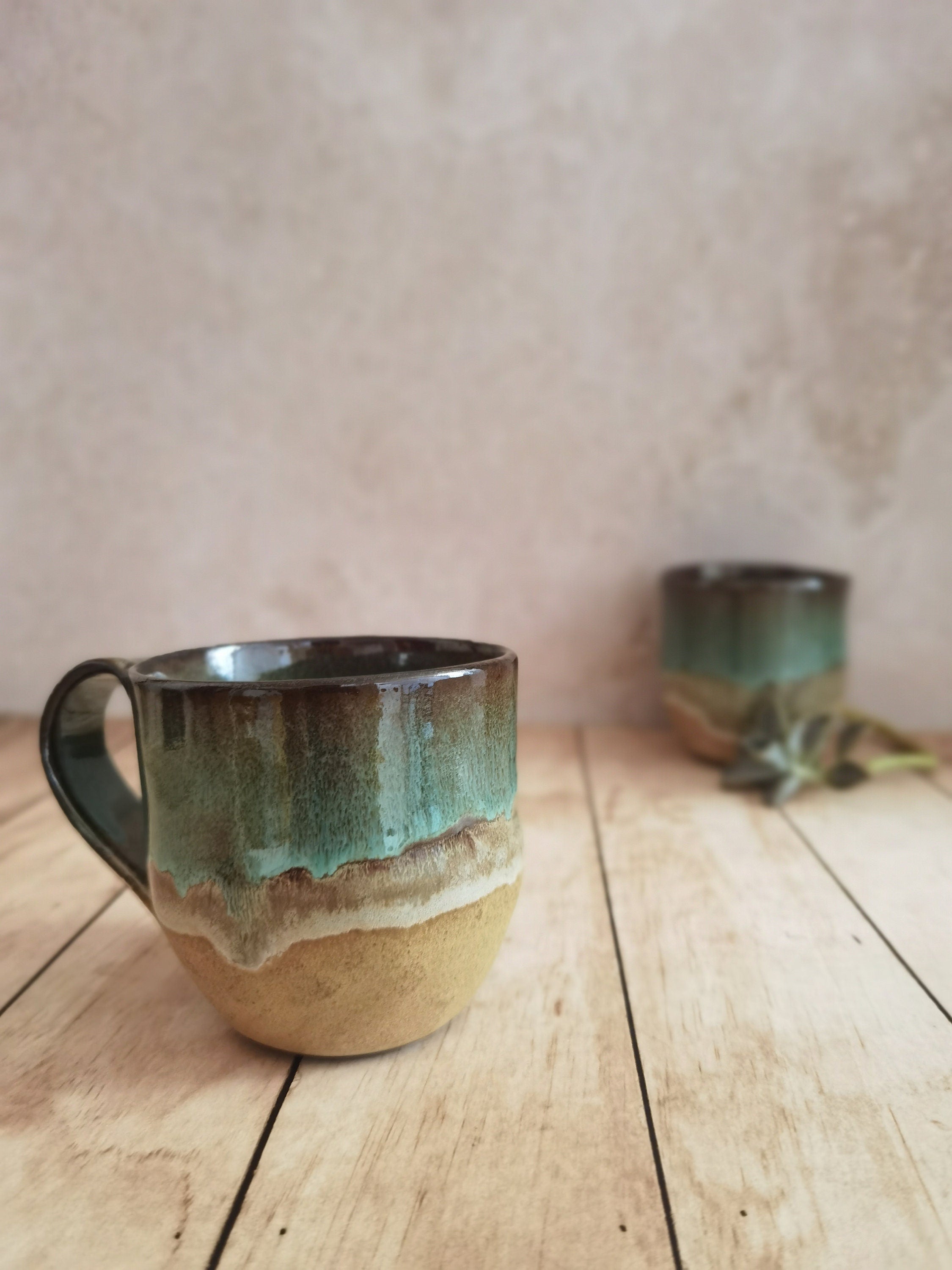 Handmade Ceramic Mug: Beige and Turquoise Pottery Coffee Cup