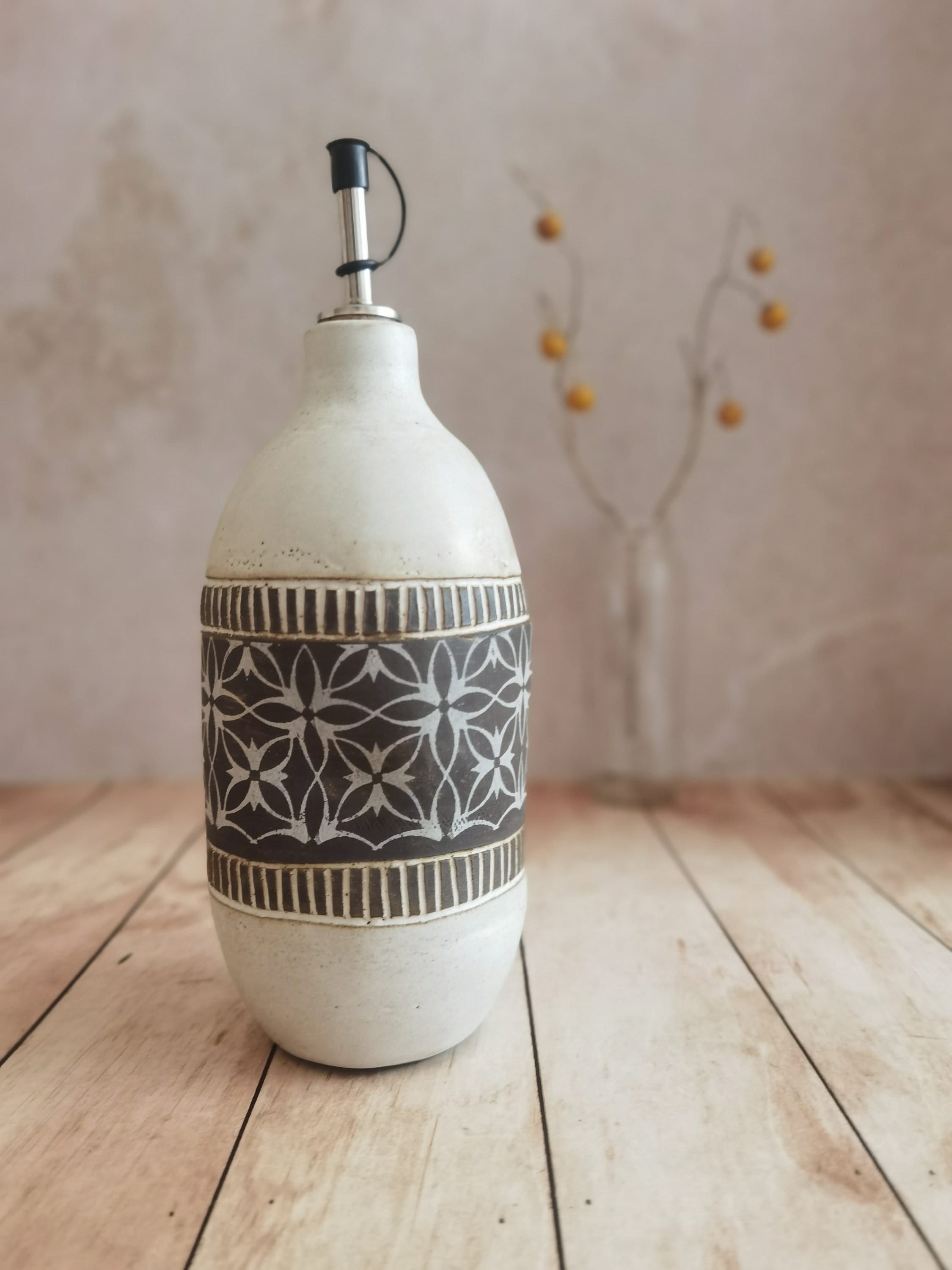 Handmade Ceramic Olive Oil Bottle: Rustic Pottery Dispenser, 30 oz