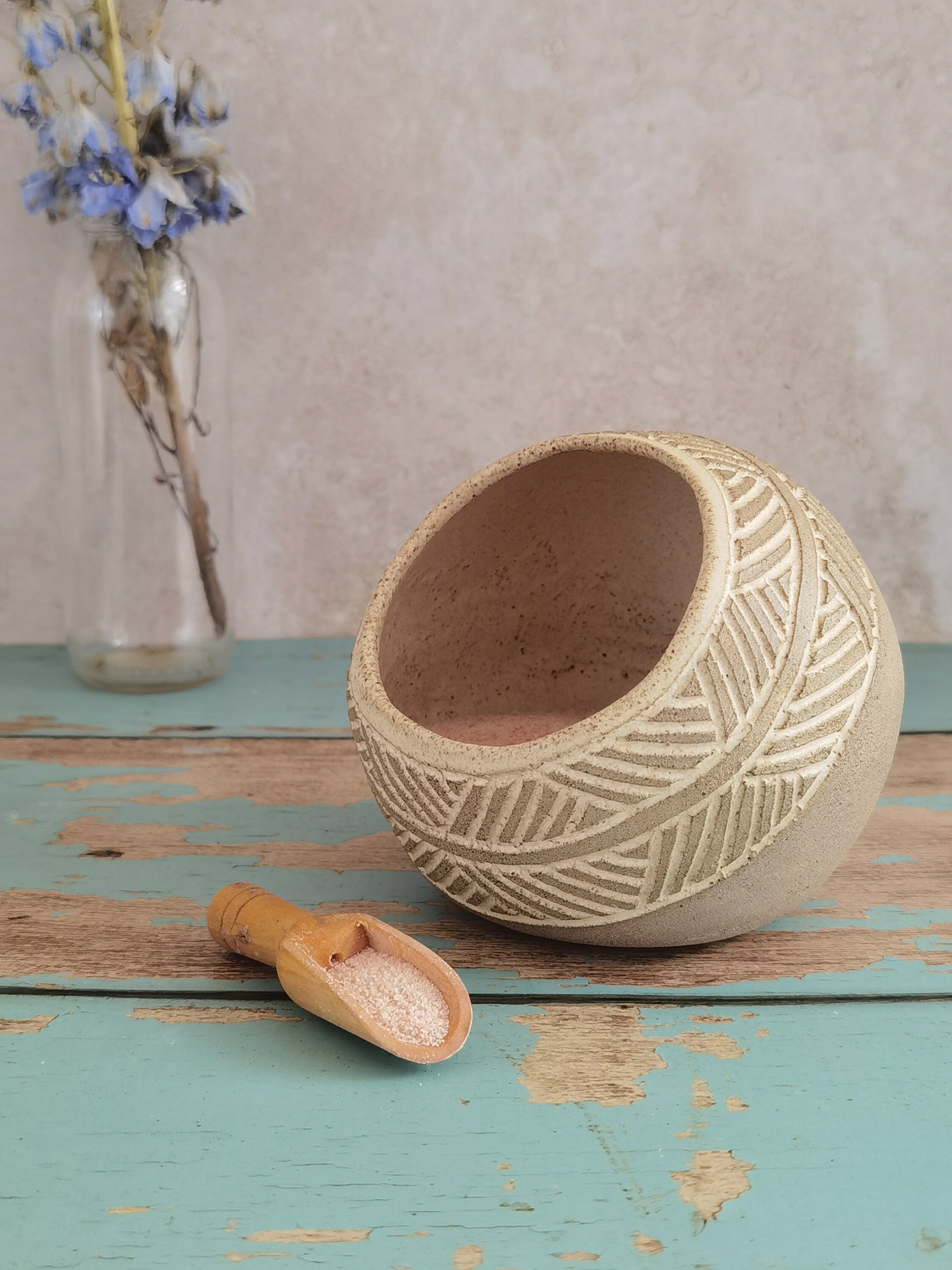 Handmade Pottery Salt Cellar with Wood Spoon: Stoneware Salt Keeper