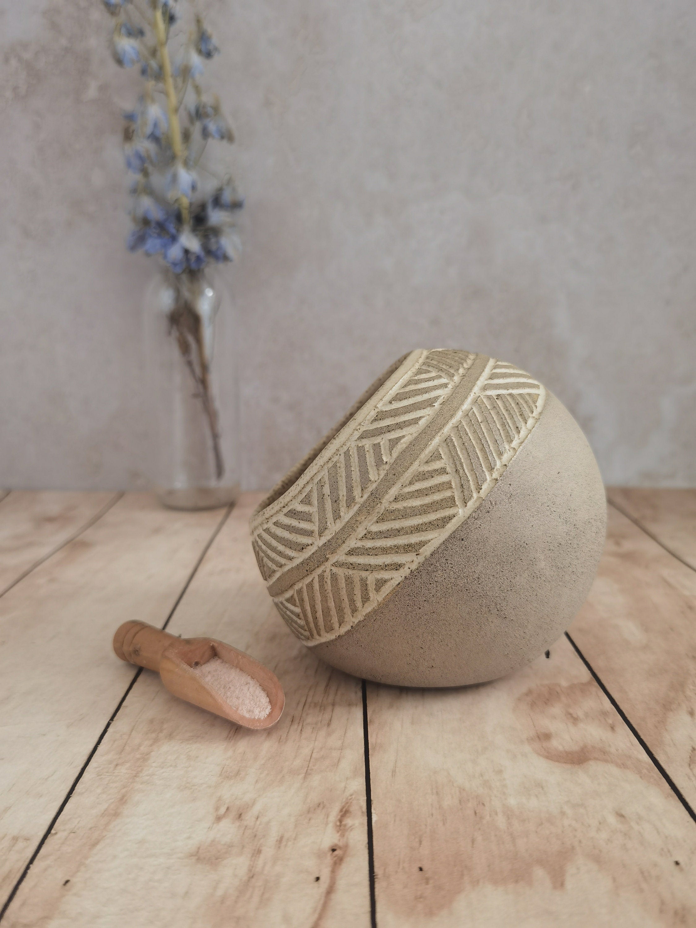 Handmade Pottery Salt Cellar with Wood Spoon: Stoneware Salt Keeper