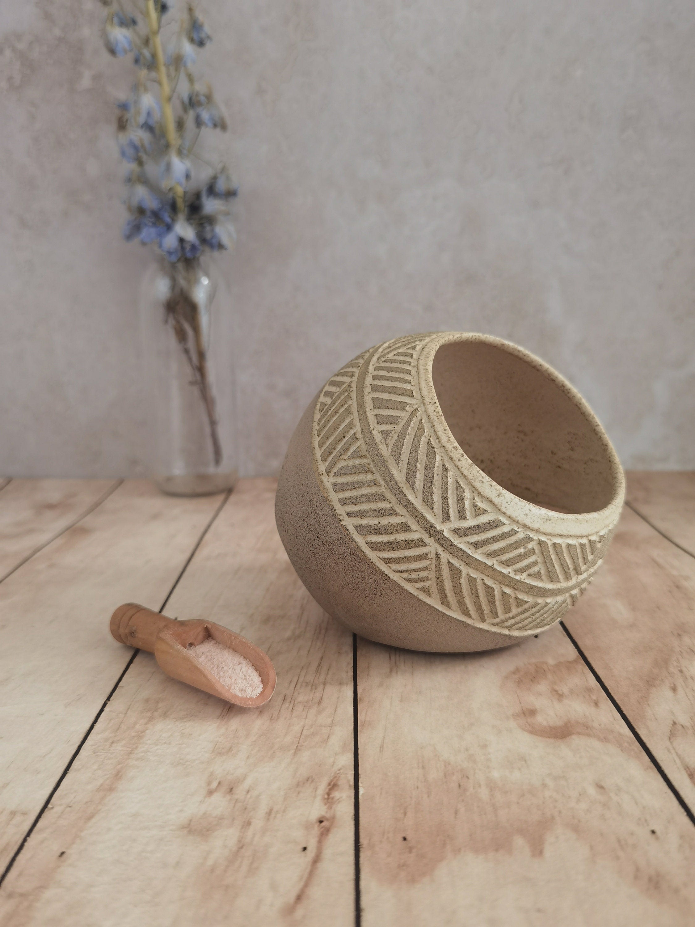 Handmade Pottery Salt Cellar with Wood Spoon: Stoneware Salt Keeper
