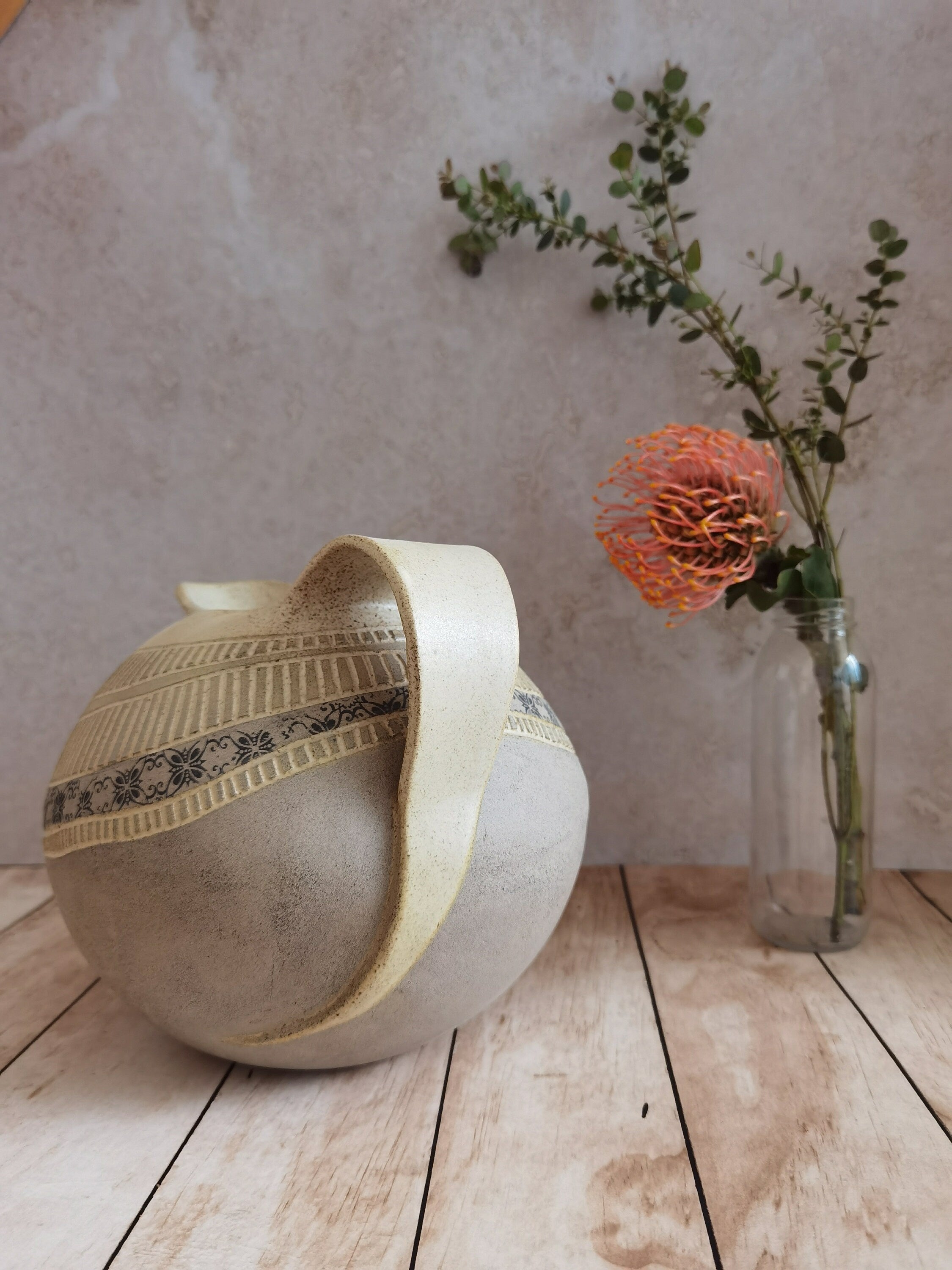 Handmade Ceramic Pitcher: Engraved Stoneware Water Jug