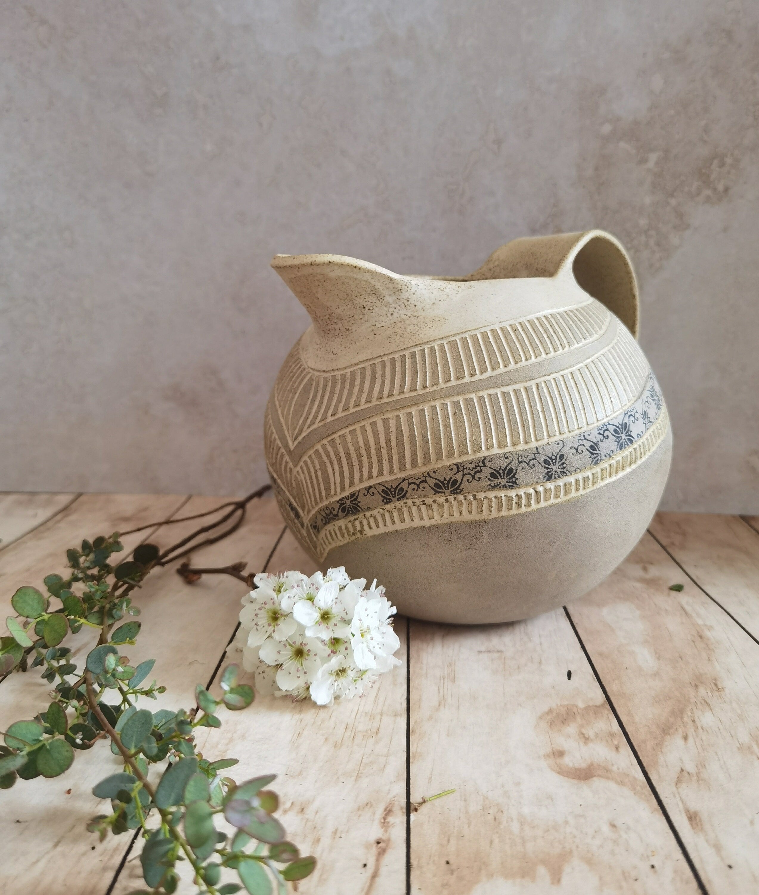 Handmade Ceramic Pitcher: Engraved Stoneware Water Jug