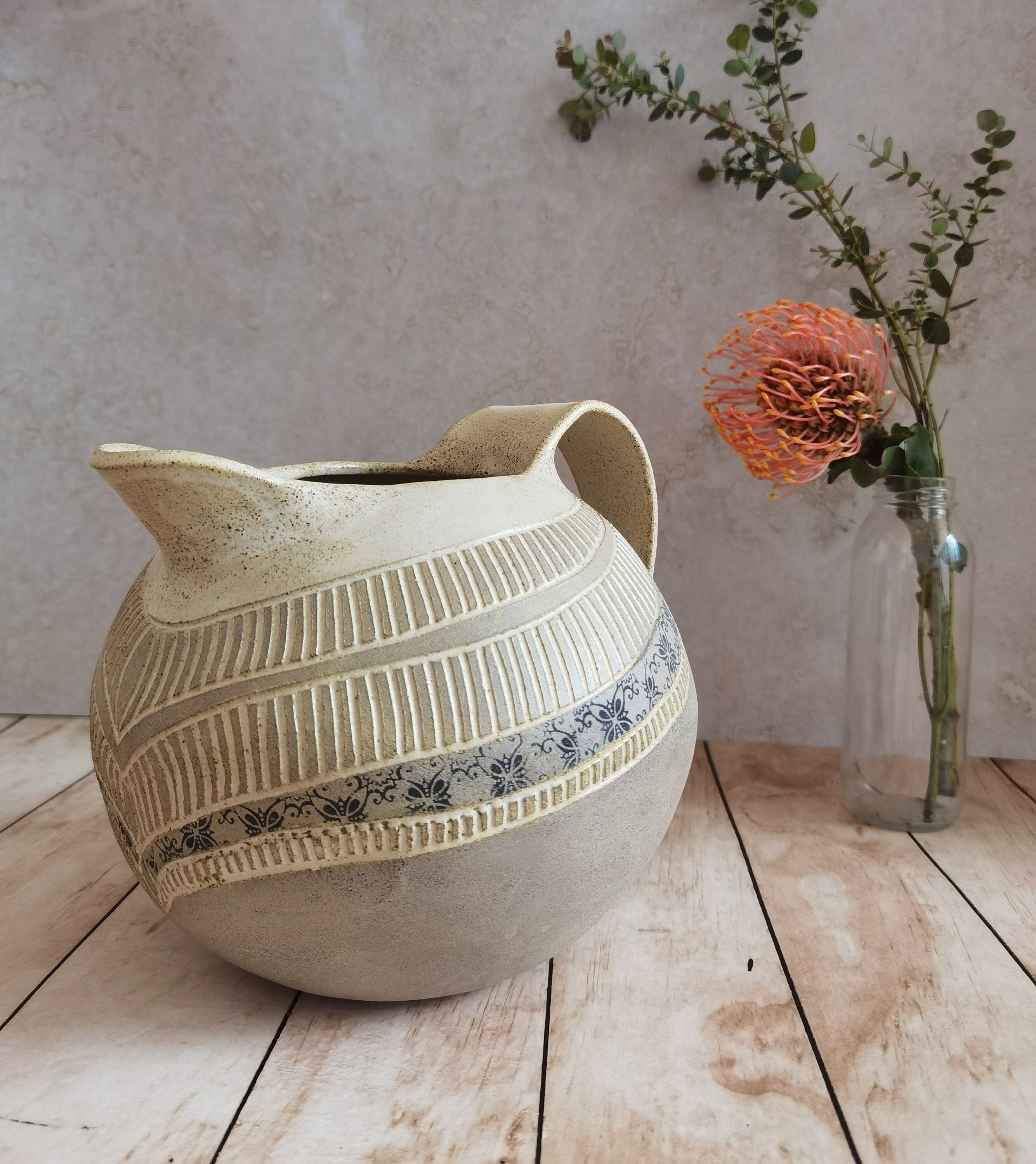 Handmade Ceramic Pitcher: Engraved Stoneware Water Jug