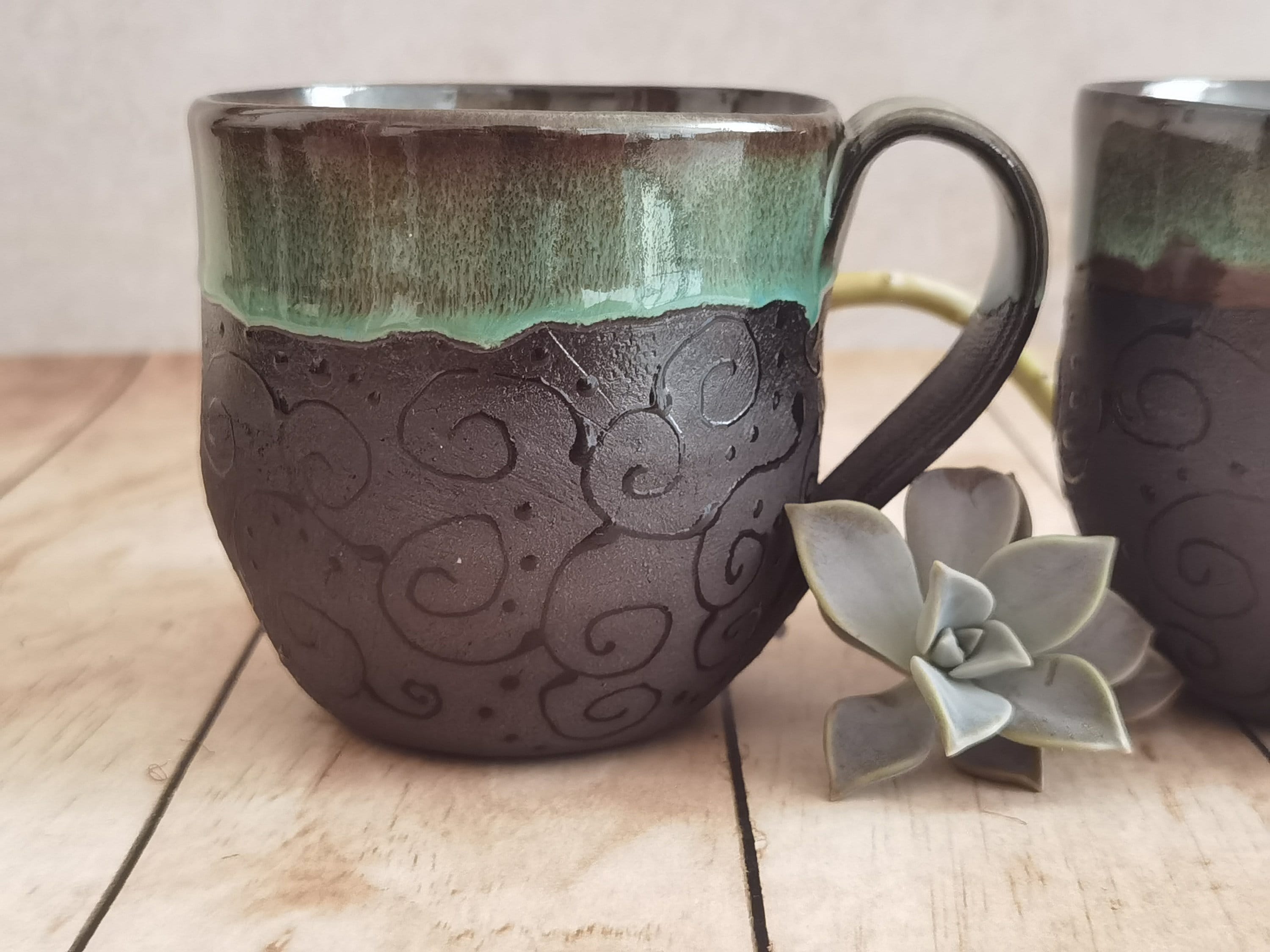 Set of Two Handmade Ceramic Mugs: Black & Turquoise Pottery Cups
