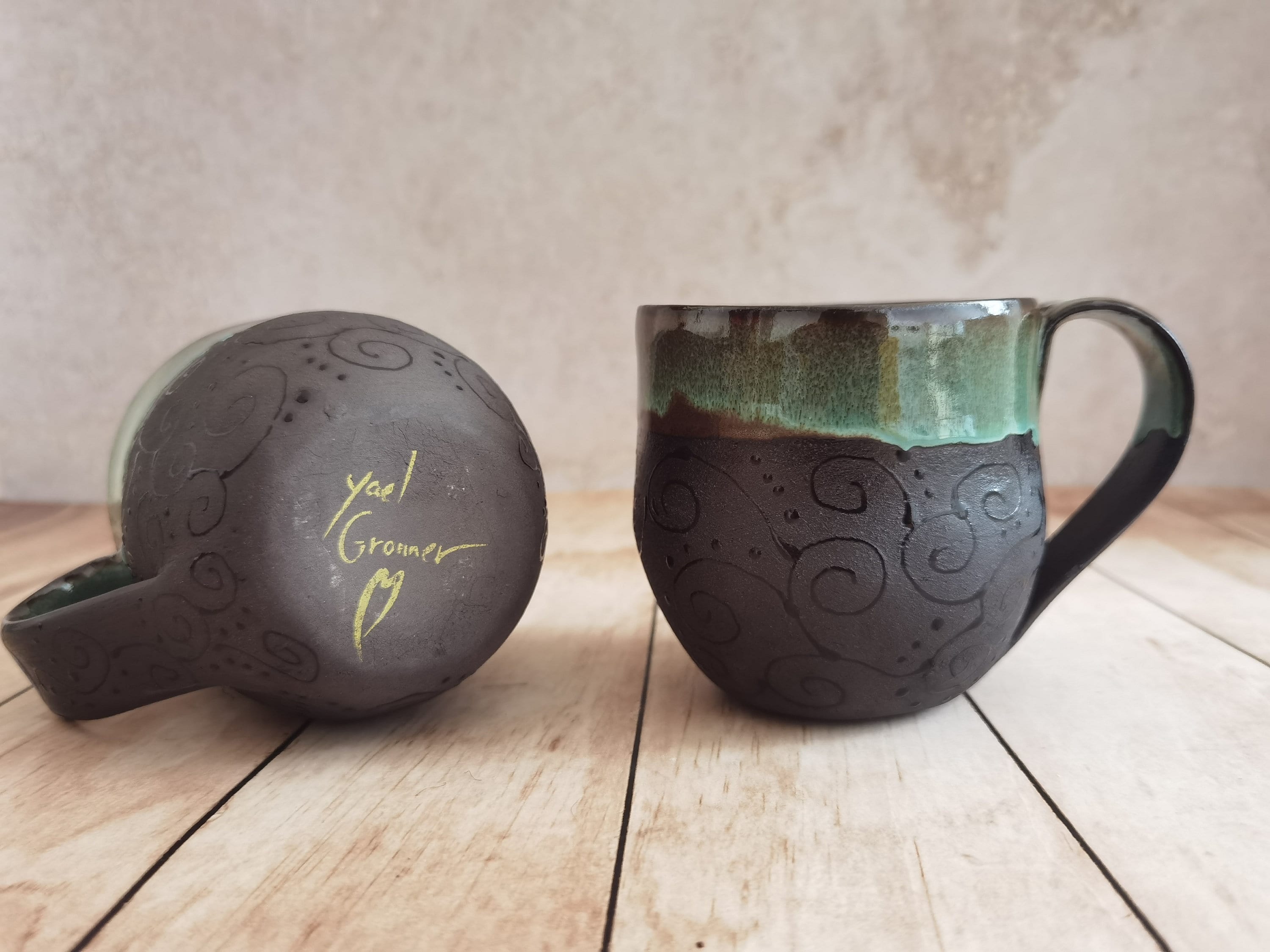 Set of Two Handmade Ceramic Mugs: Black & Turquoise Pottery Cups