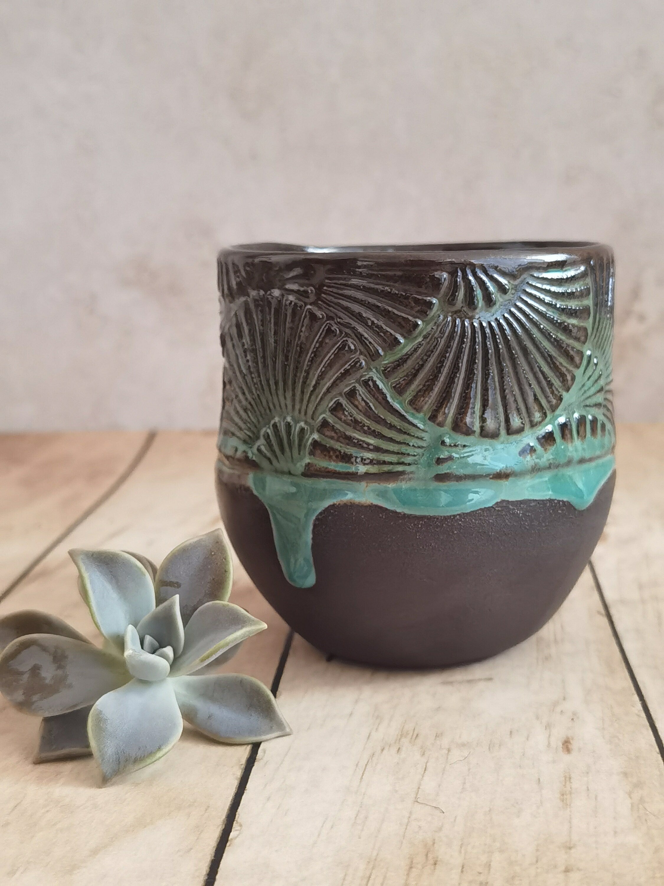 Set of Two Handmade Ceramic Mugs: Black & Turquoise Pottery Cups