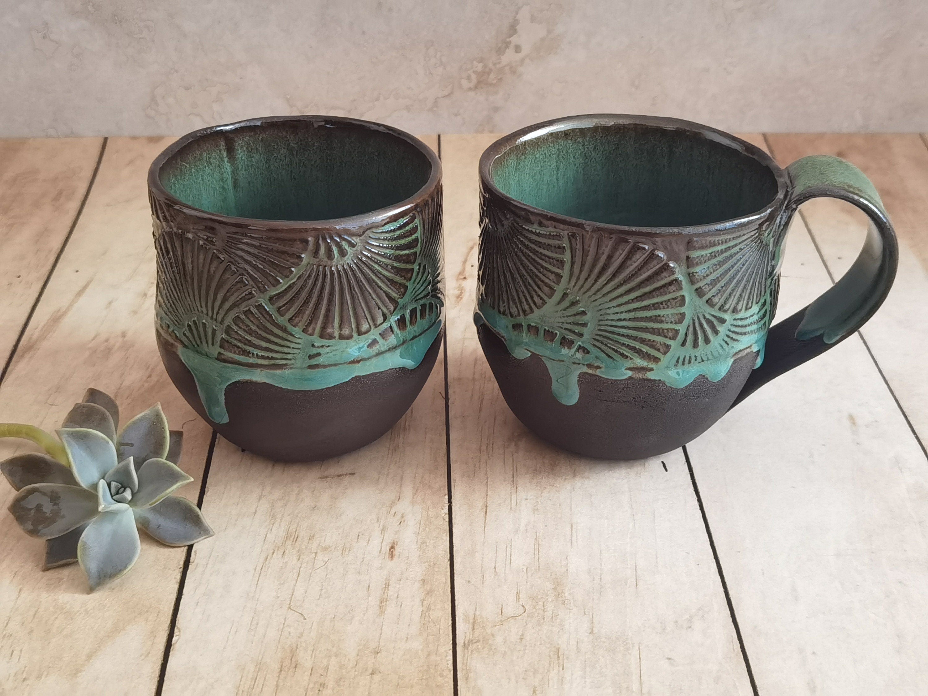 Set of Two Handmade Ceramic Mugs: Black & Turquoise Pottery Cups