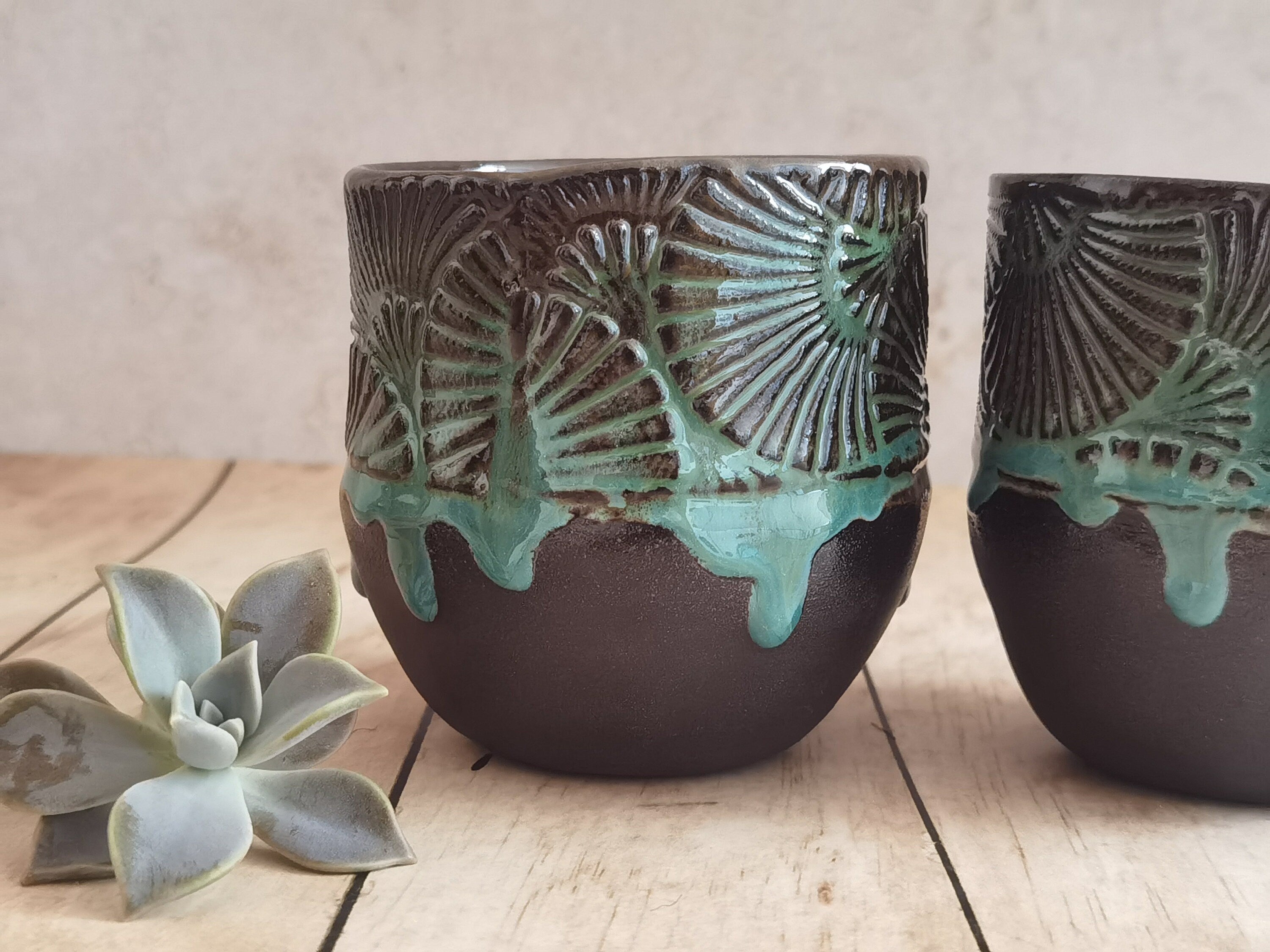Set of Two Handmade Ceramic Mugs: Black & Turquoise Pottery Cups