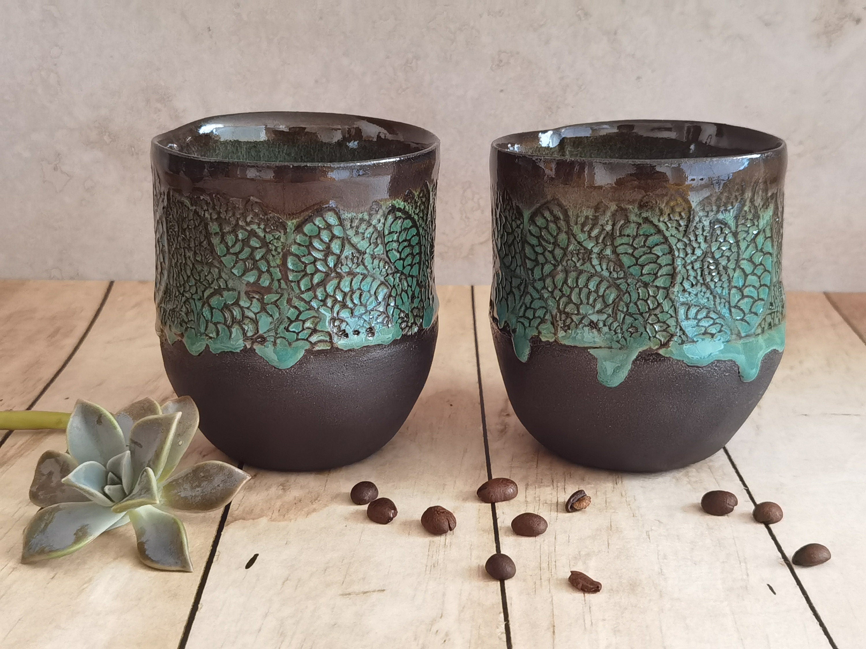 Handmade Ceramic Mugs: Black & Turquoise Pottery Cups (Set of 2)