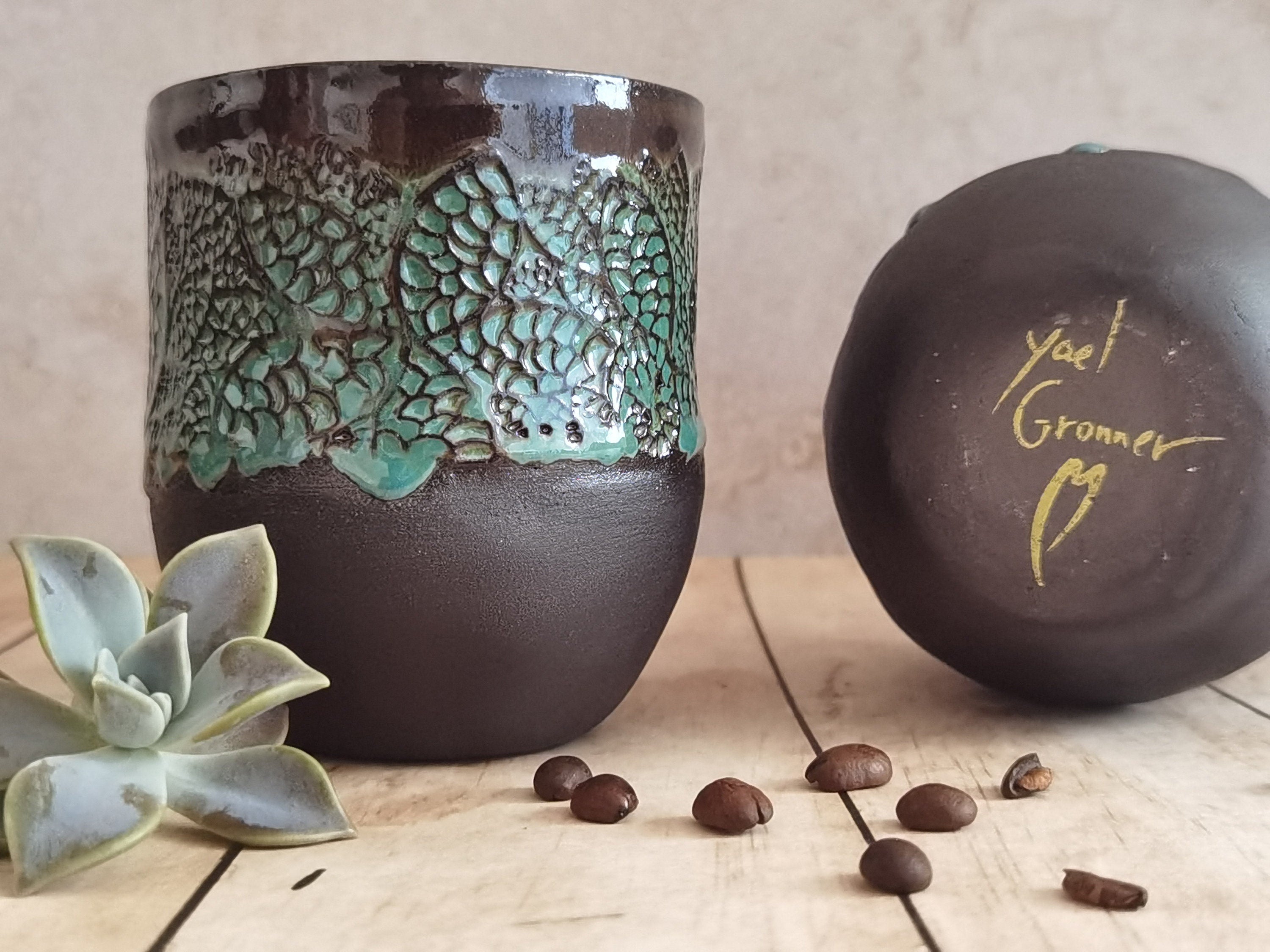 Handmade Ceramic Mugs: Black & Turquoise Pottery Cups (Set of 2)