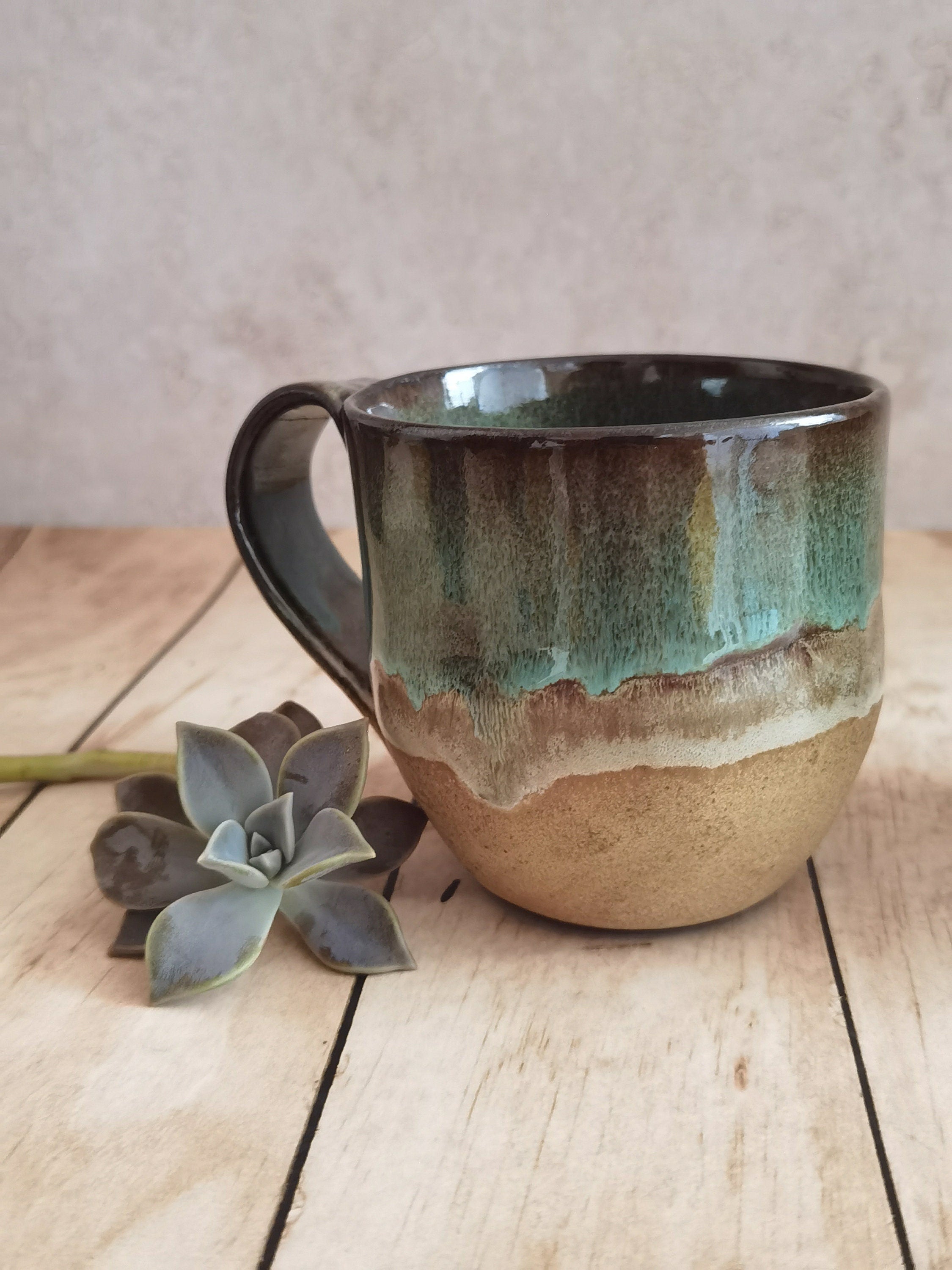 Handmade Ceramic Mug: Beige and Turquoise Pottery Coffee Cup