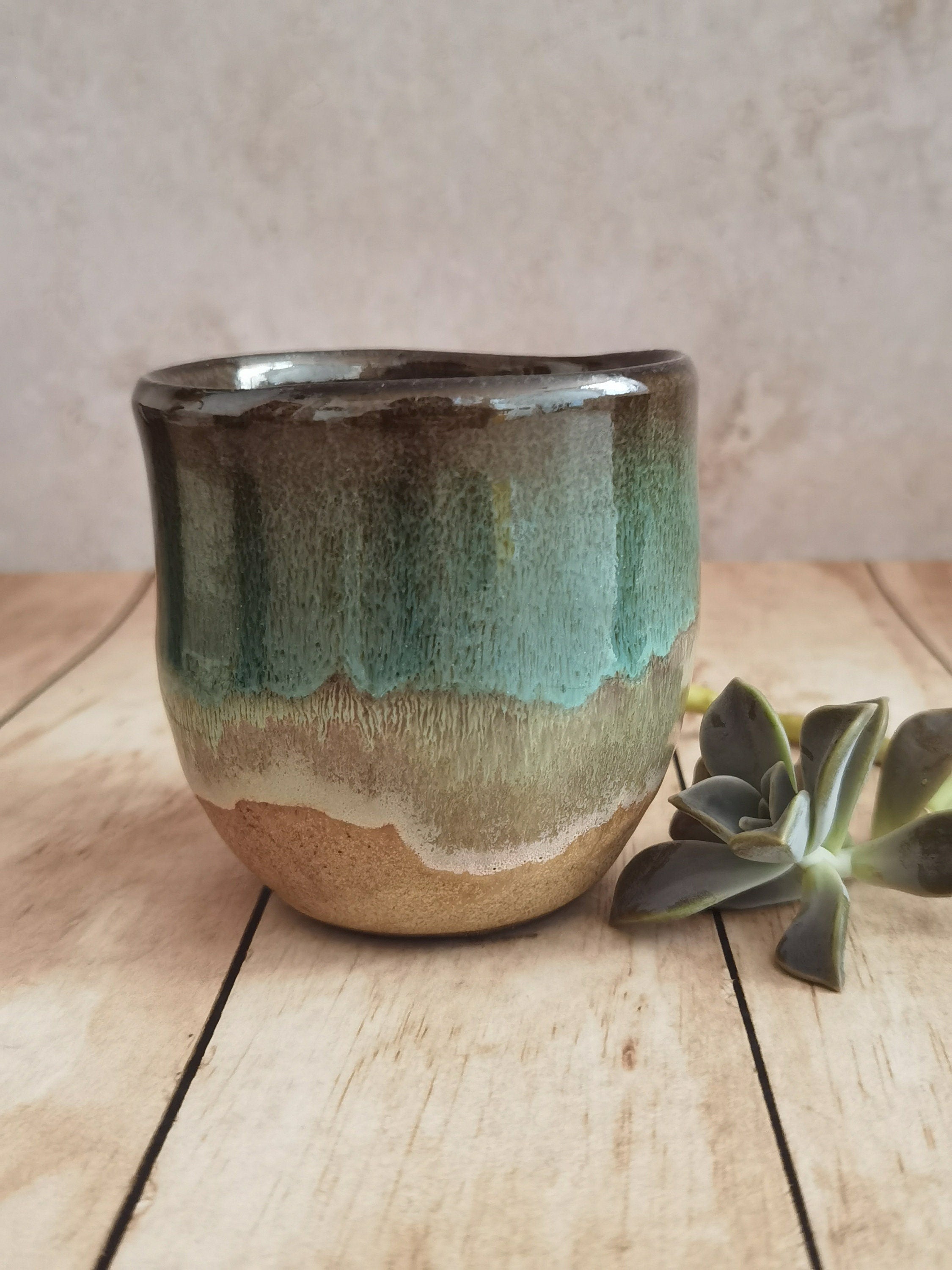 Handmade Ceramic Mug: Beige and Turquoise Pottery Coffee Cup