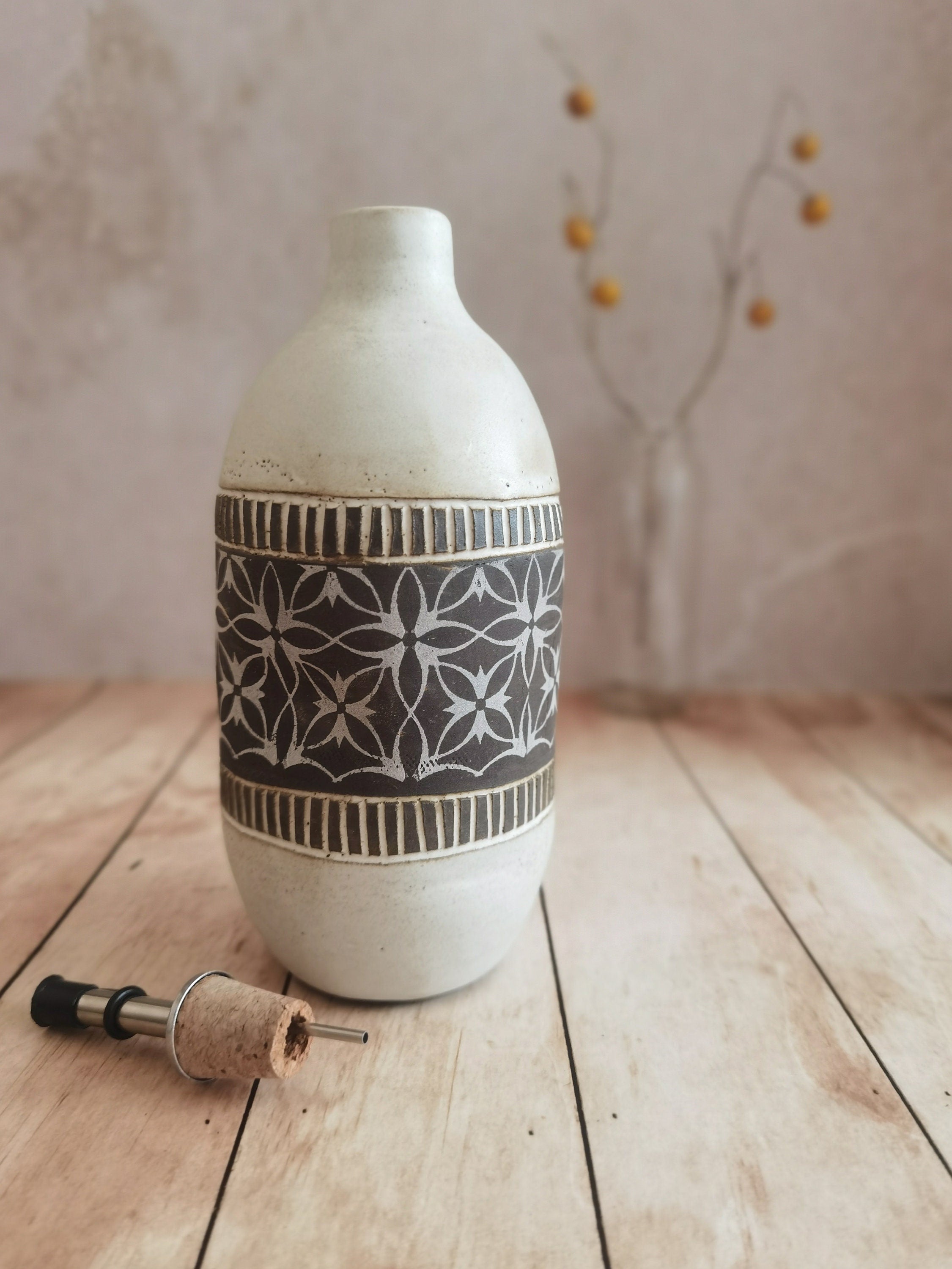 Handmade Ceramic Olive Oil Bottle: Rustic Pottery Dispenser, 30 oz