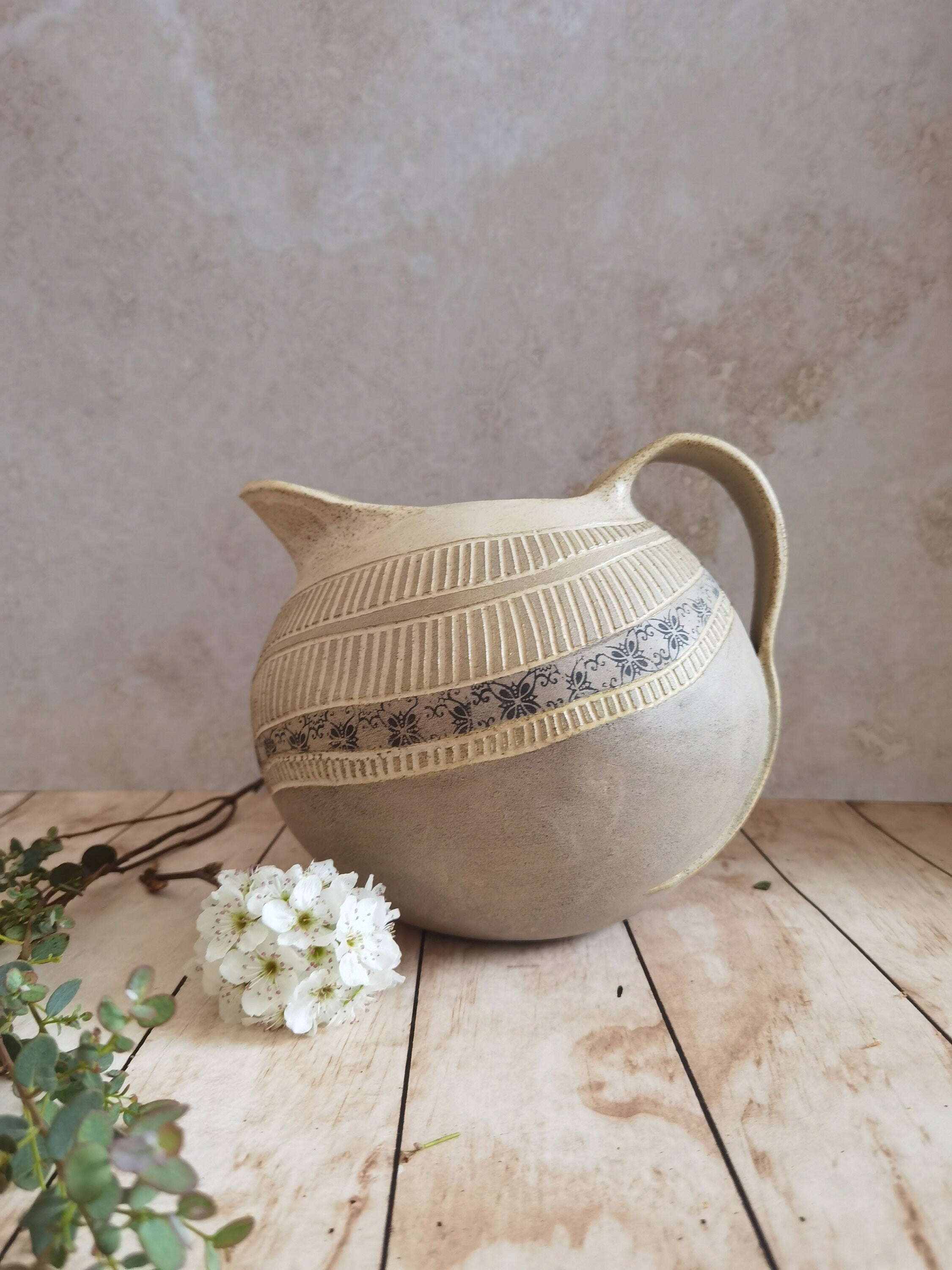 Handmade Ceramic Pitcher: Engraved Stoneware Water Jug
