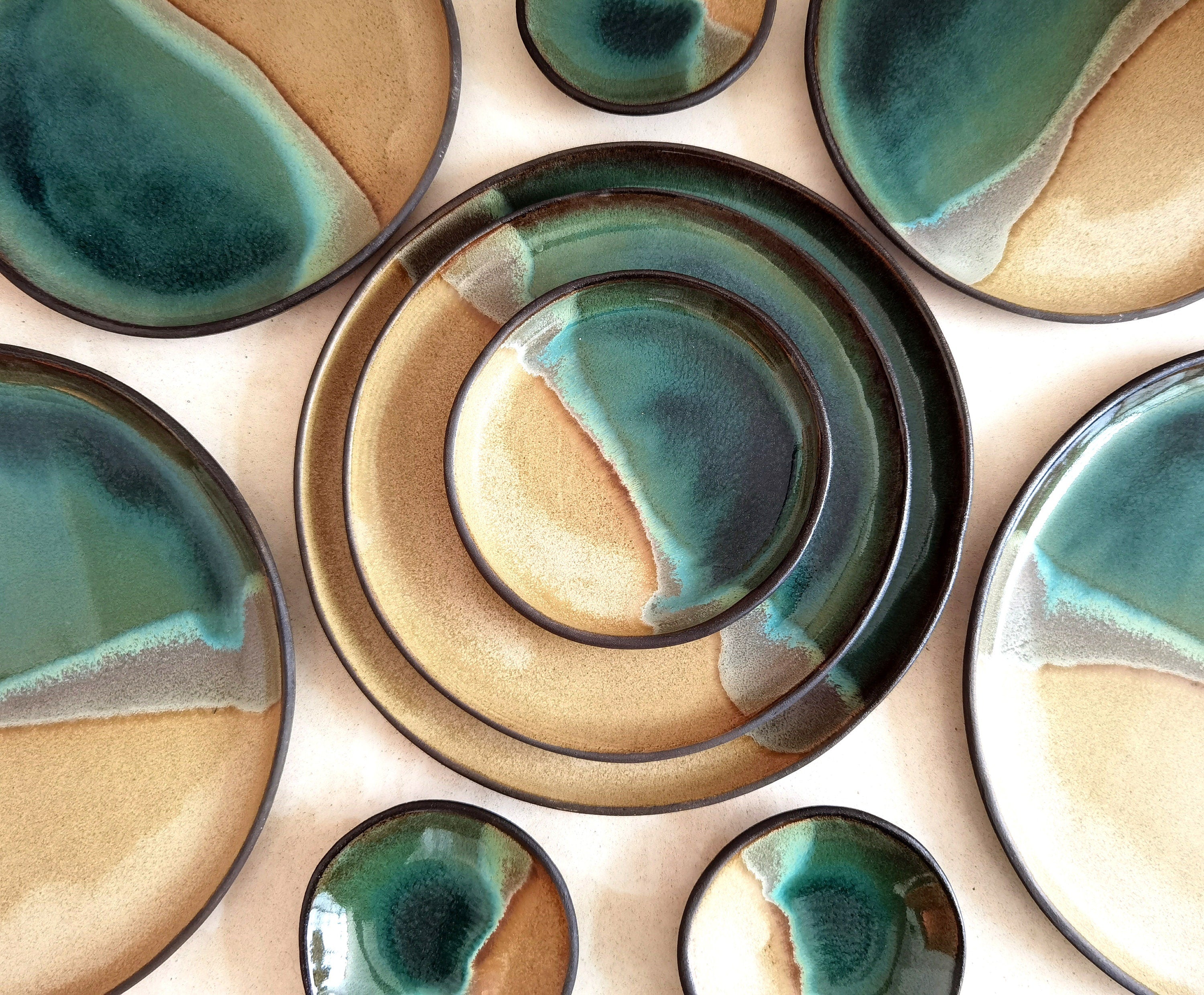 Set of 2 Handmade Ceramic Plates: Beige and Turquoise Round Platter