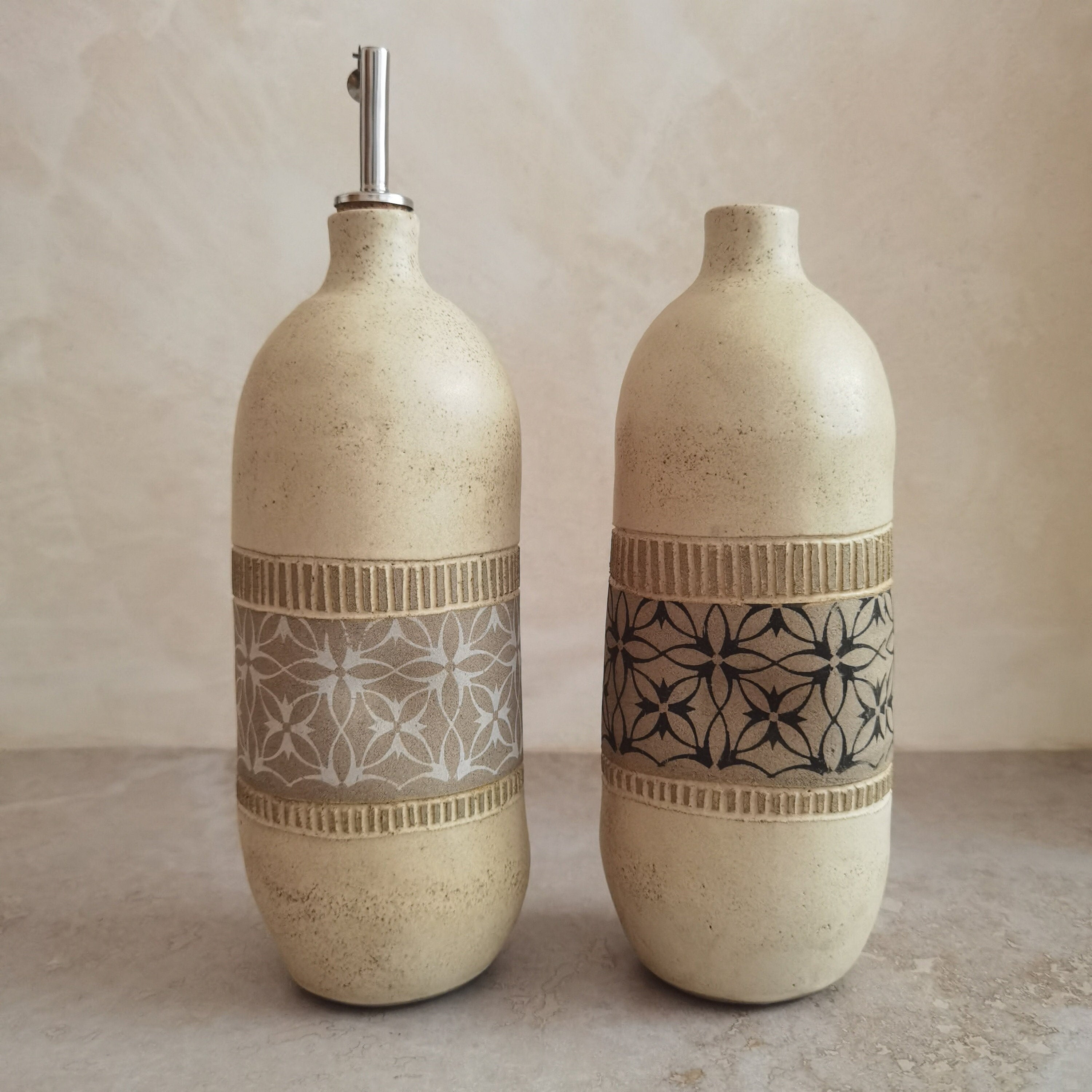Handmade Ceramic Olive Oil Bottle: Rustic Pottery Dispenser, 40oz