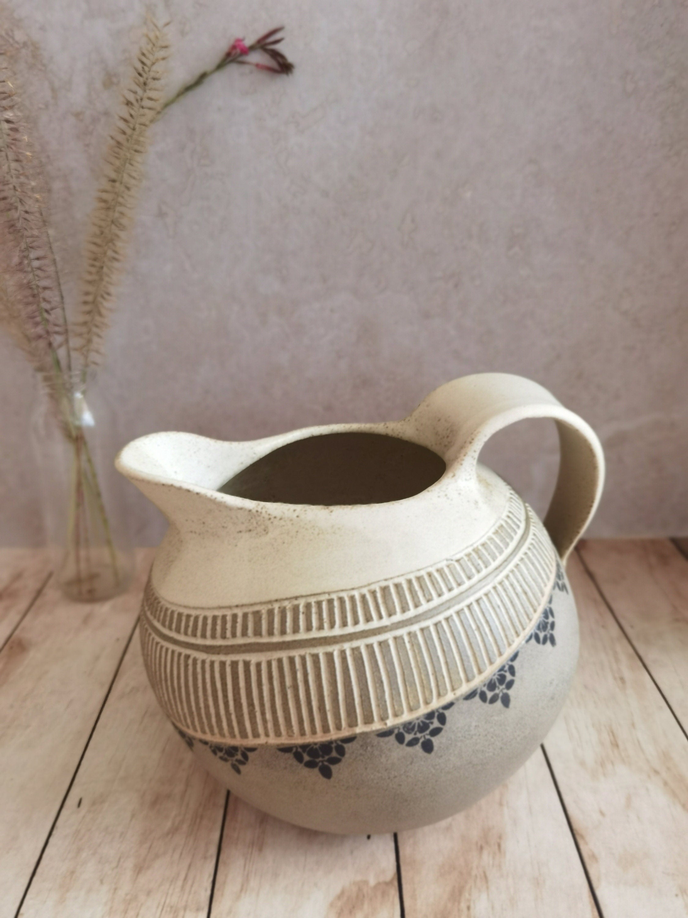 Hand Engraved Ceramic Pitcher: Beige Pottery Drinkware
