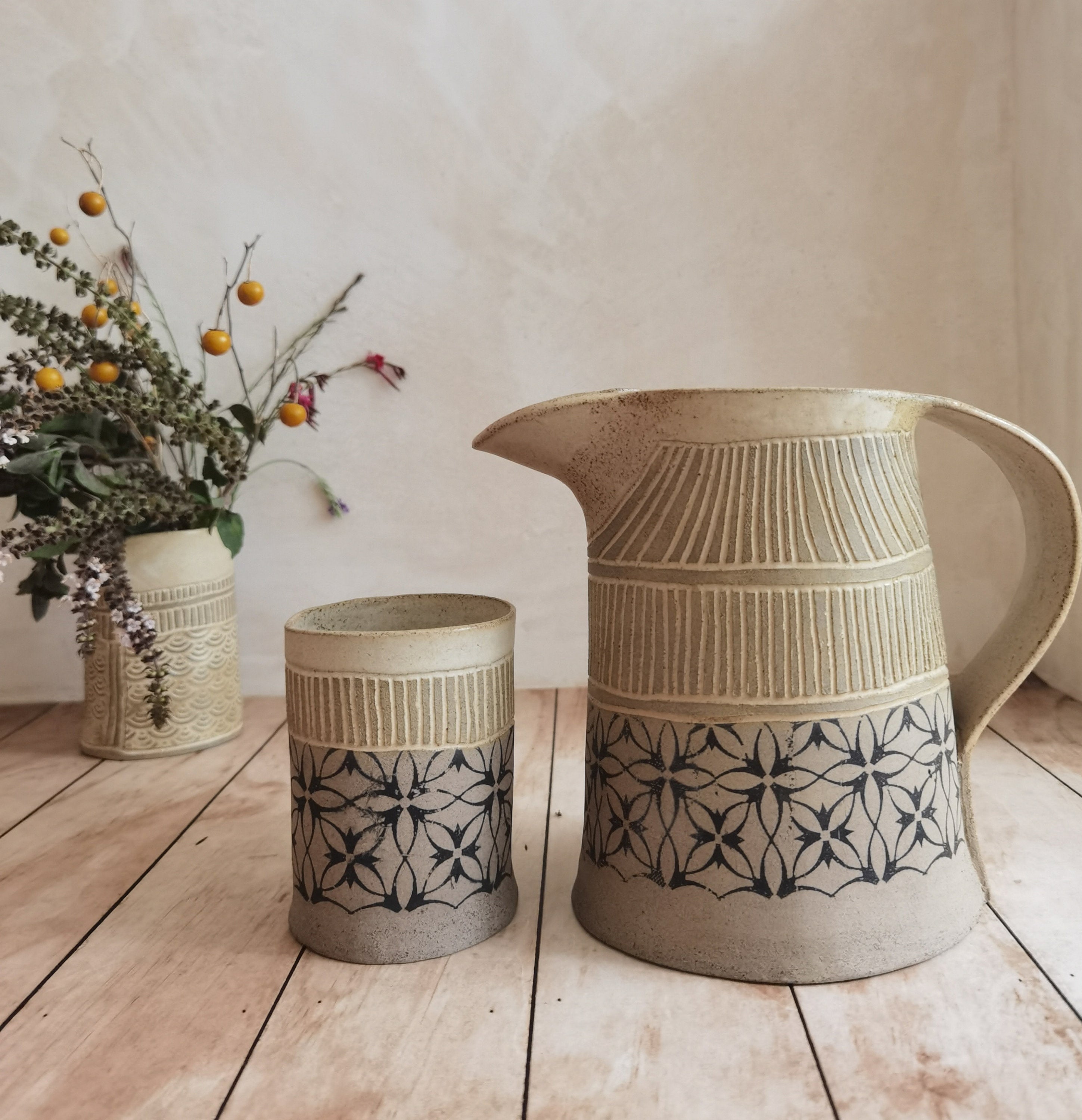 Handmade Ceramic Pitcher & Tumblers Set: Rustic Stoneware Drinkware