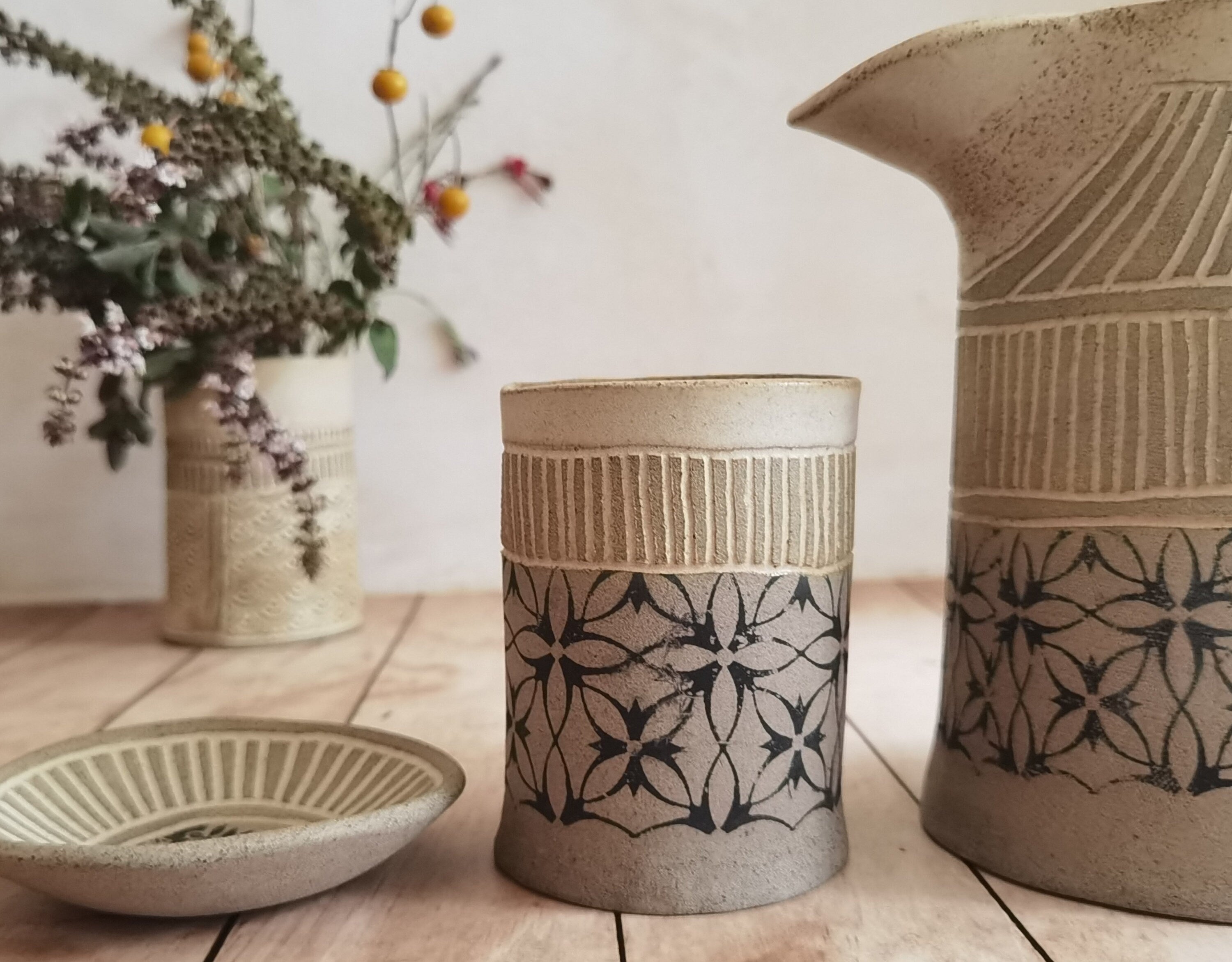 Handmade Ceramic Pitcher & Tumblers Set: Rustic Stoneware Drinkware