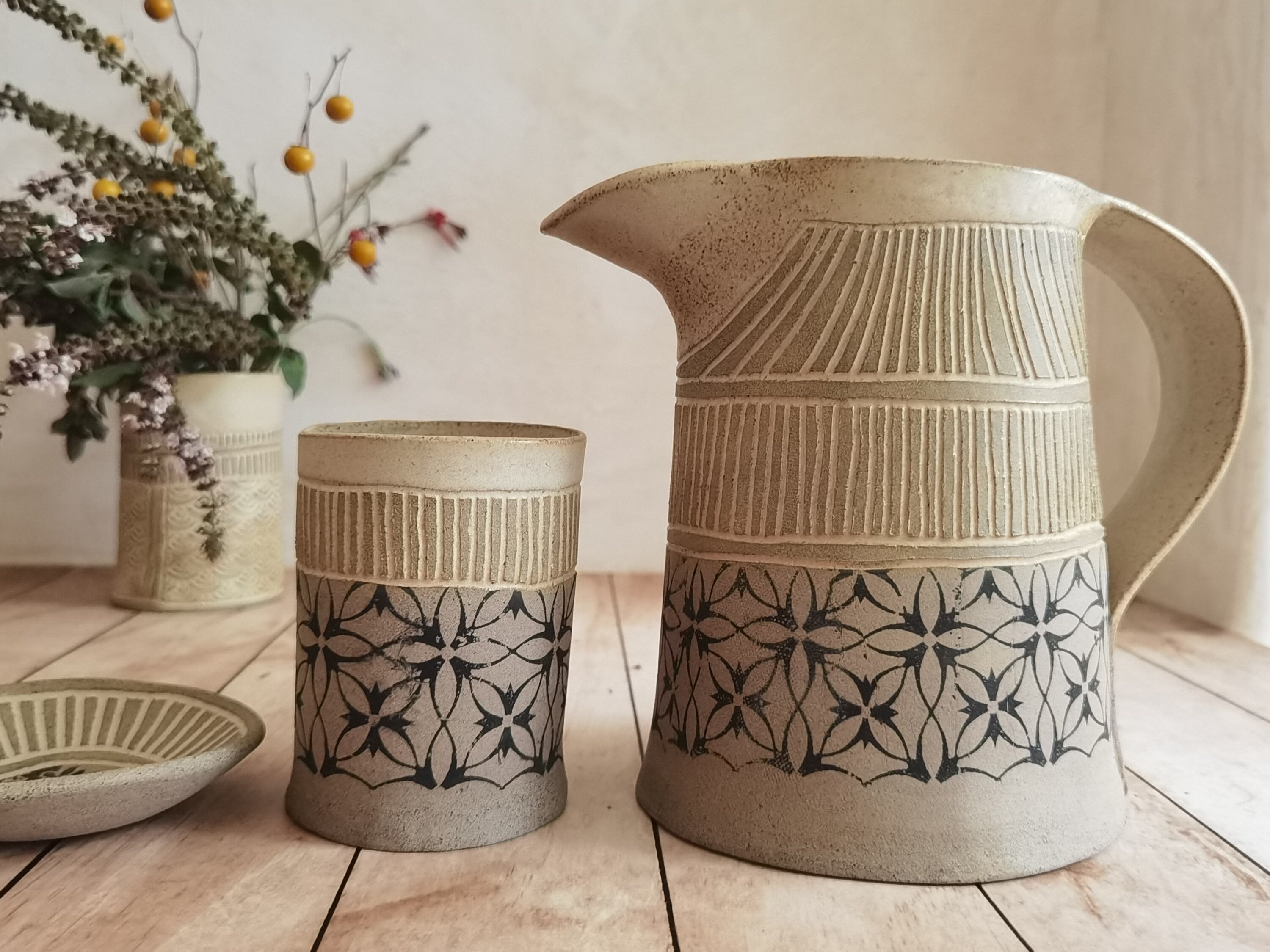 Handmade Ceramic Pitcher & Tumblers Set: Rustic Stoneware Drinkware