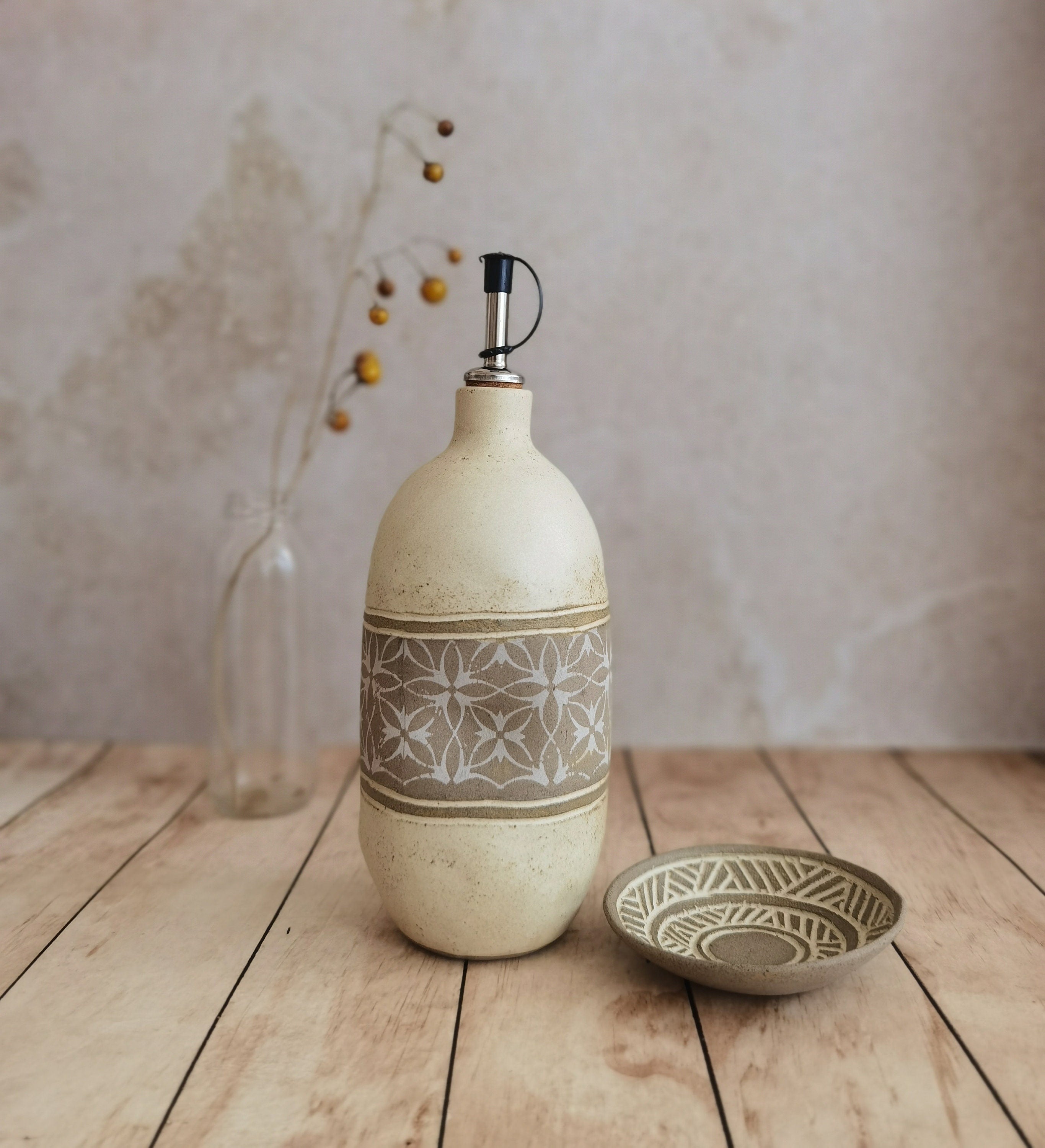Handmade Ceramic Olive Oil Bottle: Rustic Pottery Dispenser
