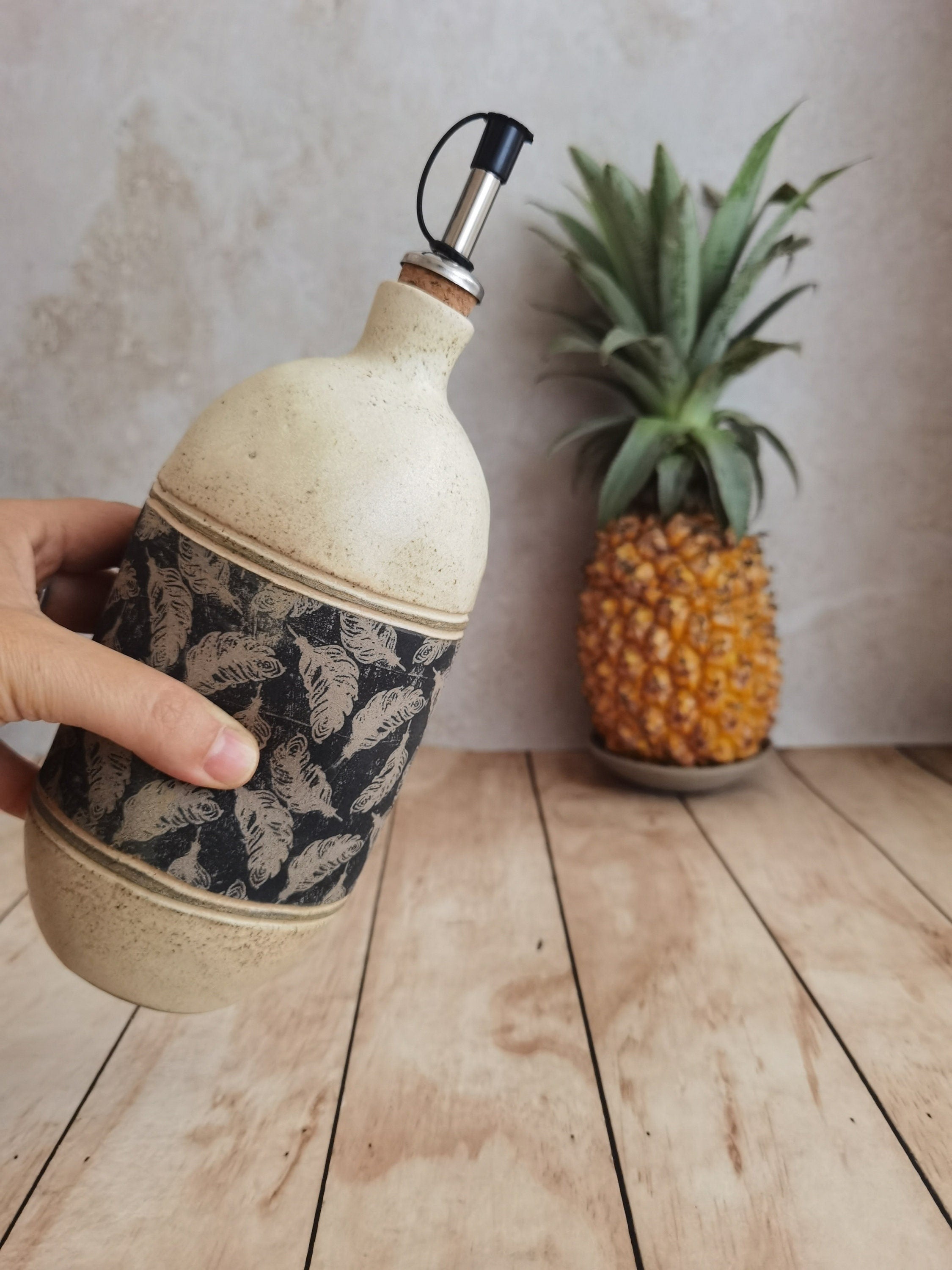 Handmade Ceramic Olive Oil Bottle: Rustic Pottery Kitchen Decor