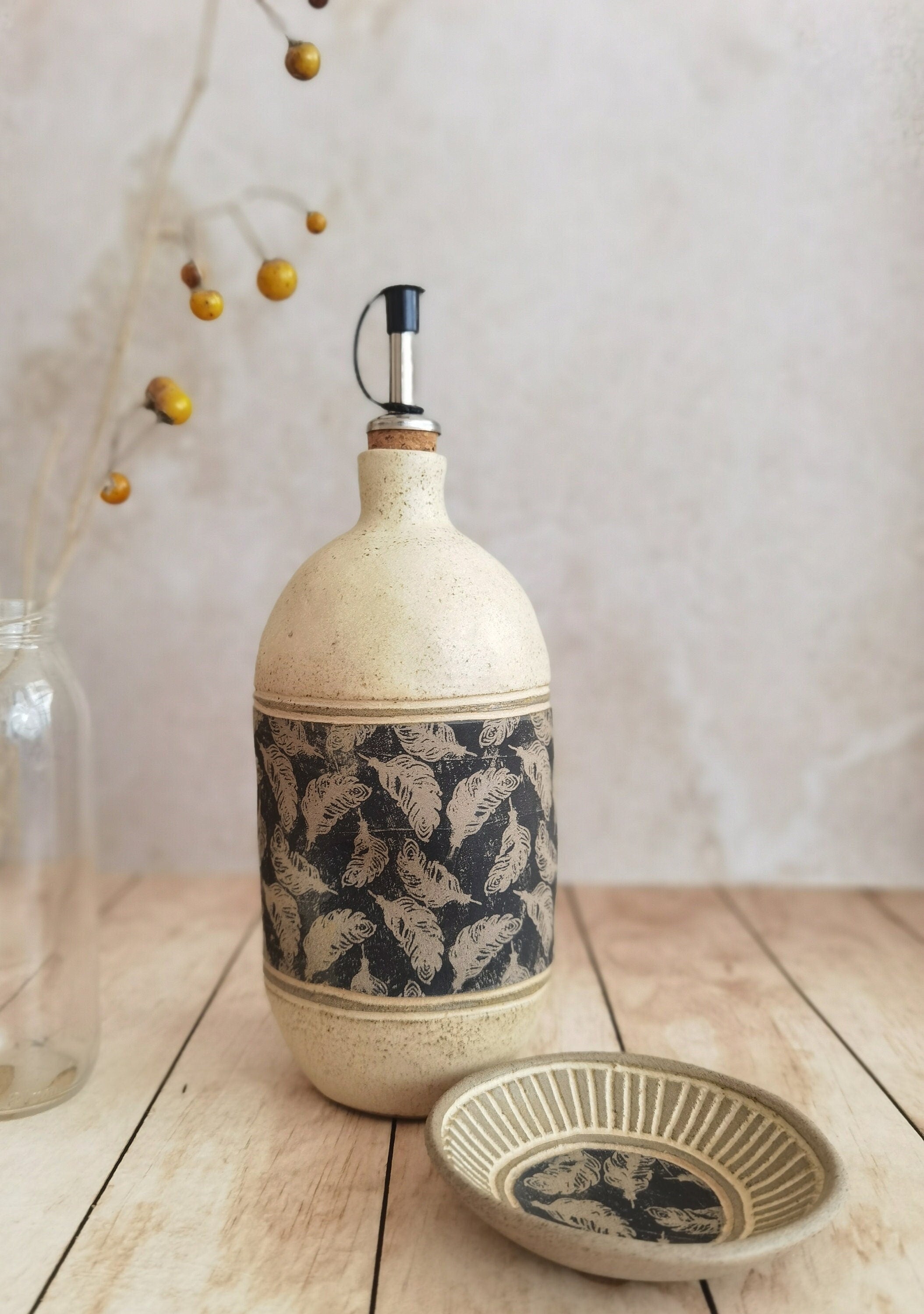 Handmade Ceramic Olive Oil Bottle: Rustic Pottery Kitchen Decor