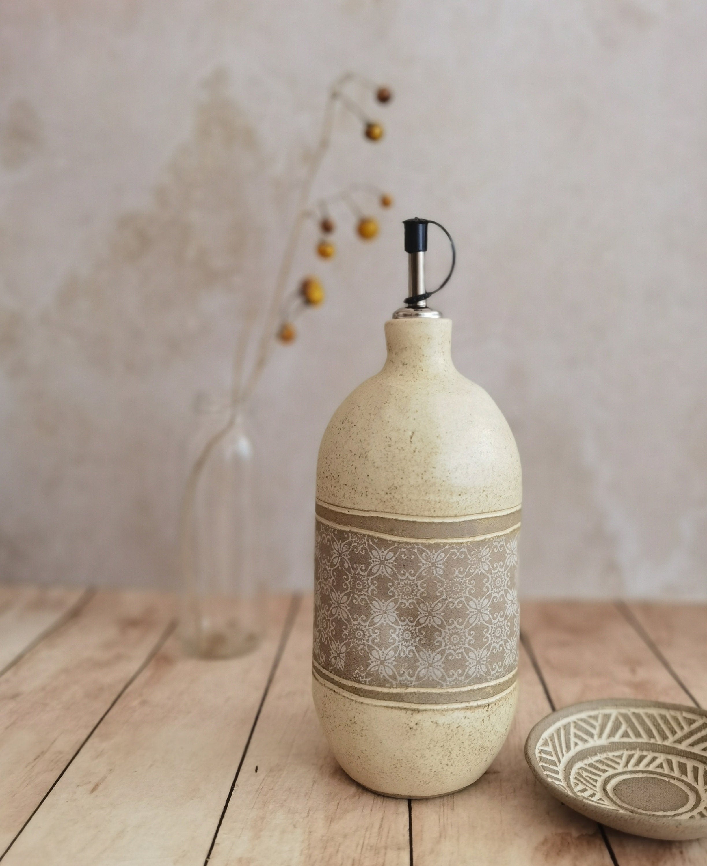 Handmade Ceramic Olive Oil Bottle: Rustic Pottery Dispenser