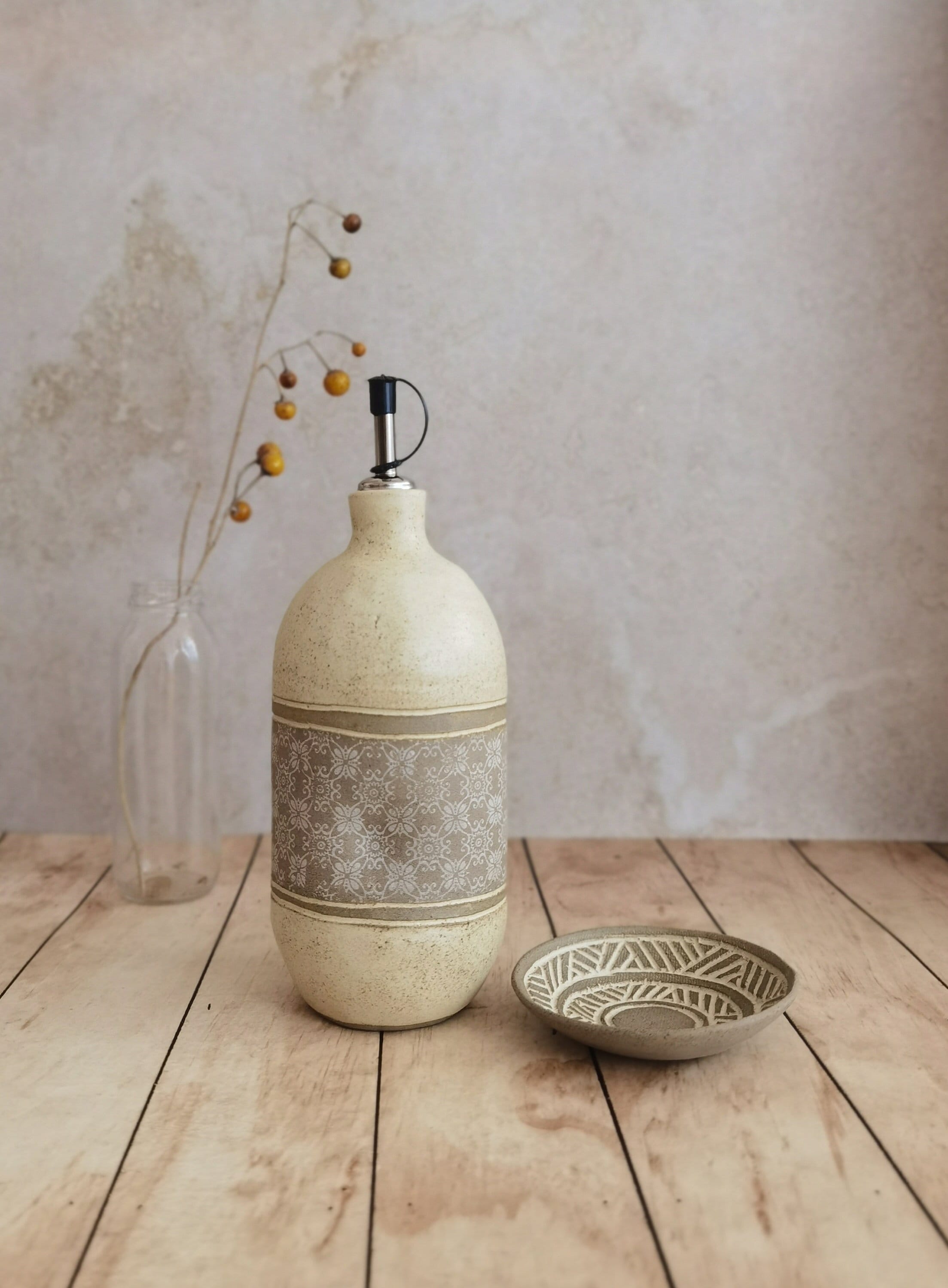 Handmade Ceramic Olive Oil Bottle: Rustic Pottery Dispenser