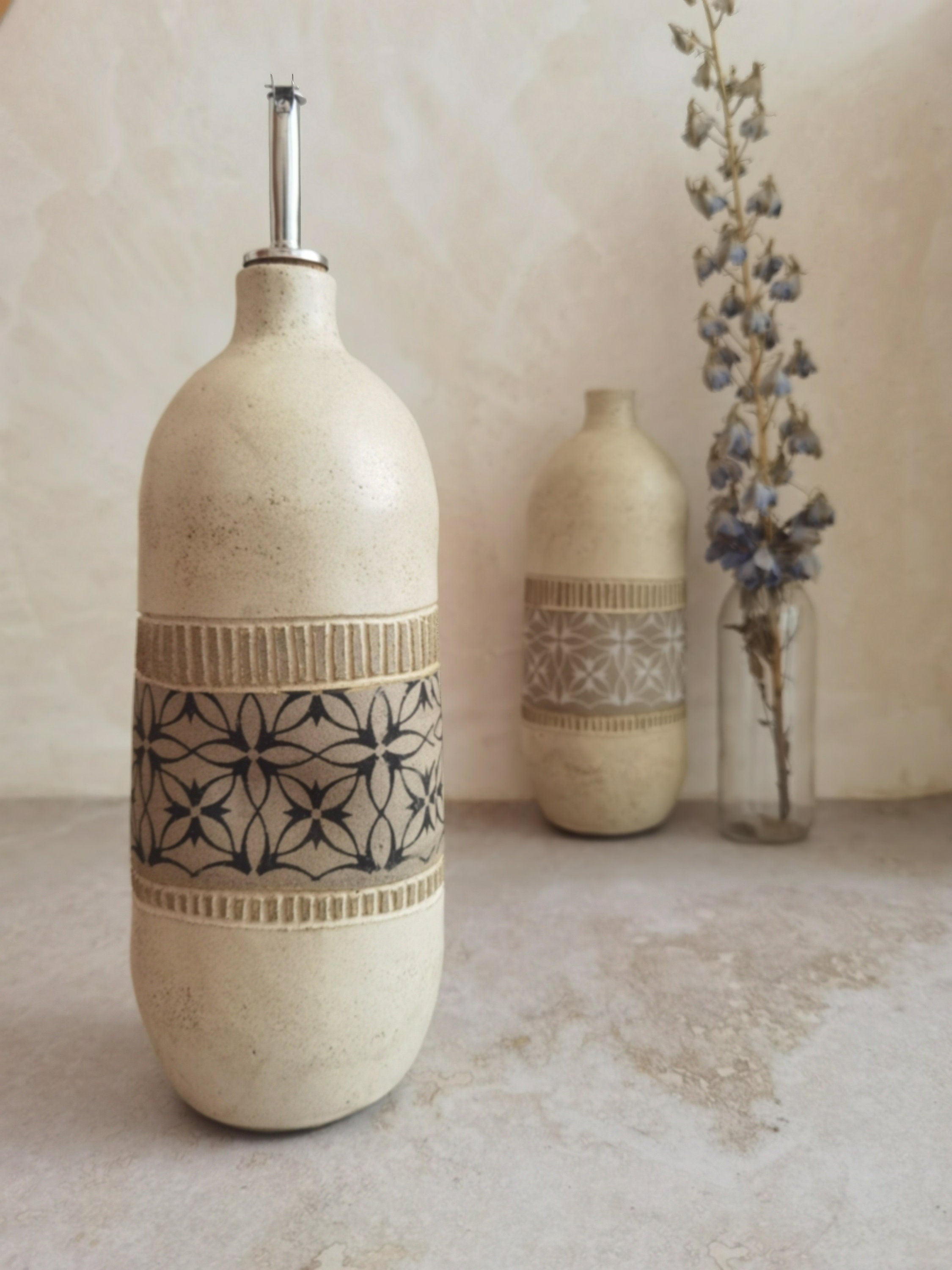 Handmade Ceramic Olive Oil Bottle: Rustic Pottery Dispenser, 40oz