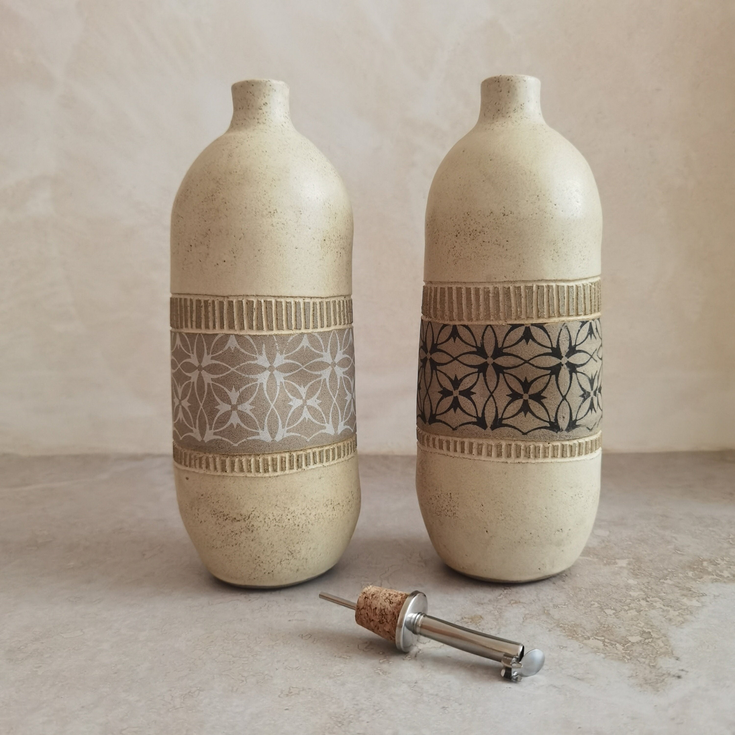Handmade Ceramic Olive Oil Bottle: Rustic Pottery Dispenser, 40oz