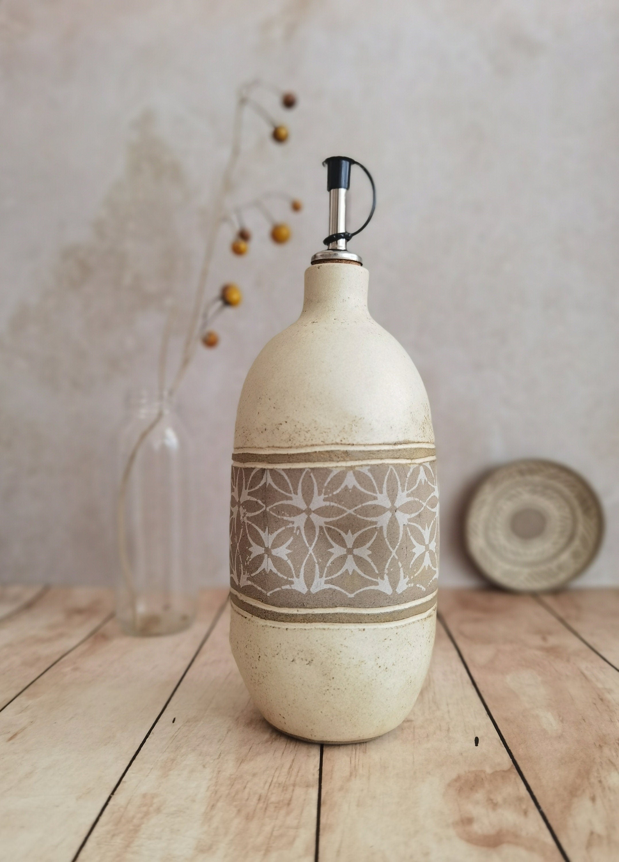 Handmade Ceramic Olive Oil Bottle: Rustic Pottery Dispenser