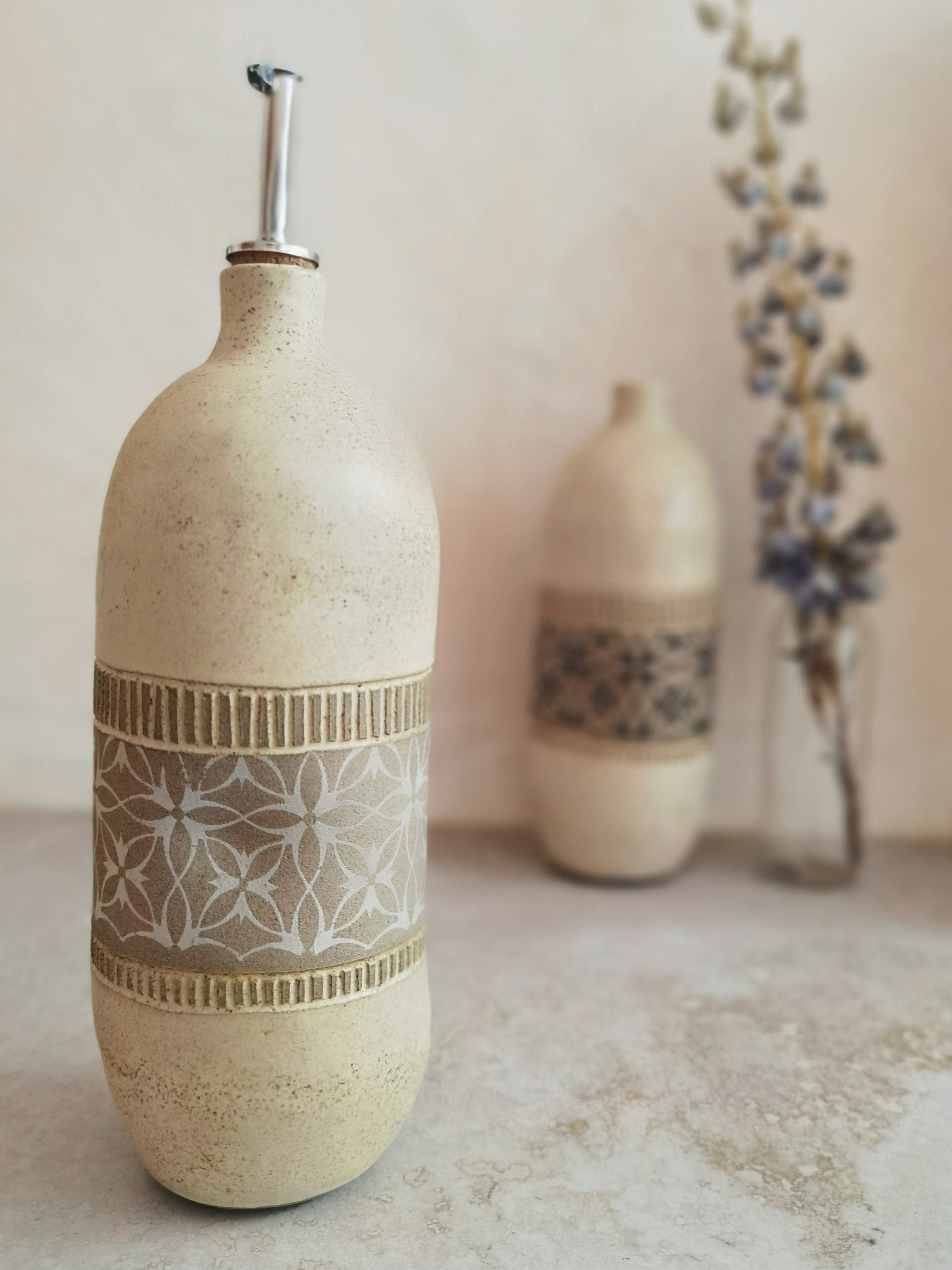 Handmade Ceramic Olive Oil Bottle: Rustic Pottery Dispenser