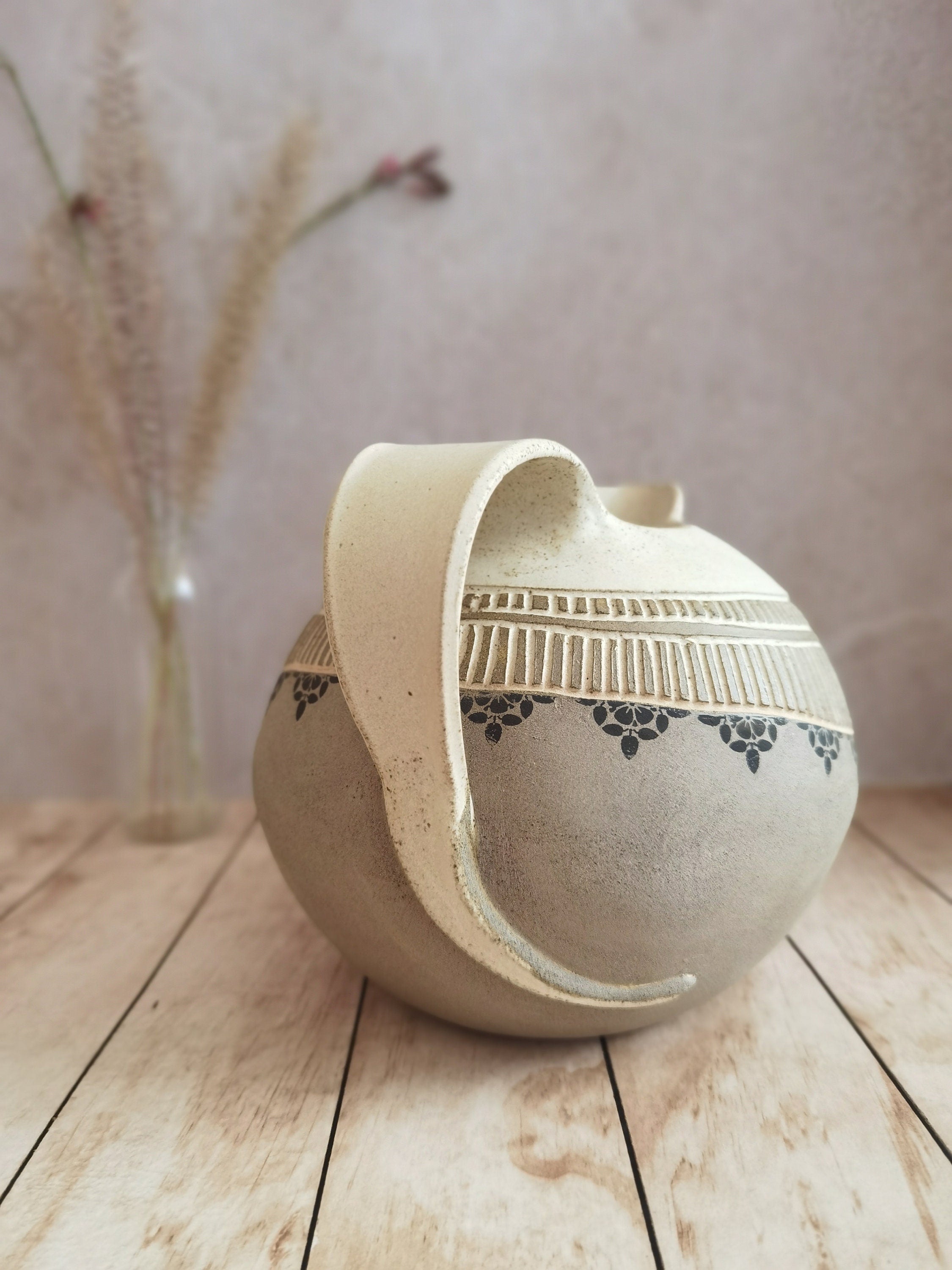 Hand Engraved Ceramic Pitcher: Beige Pottery Drinkware