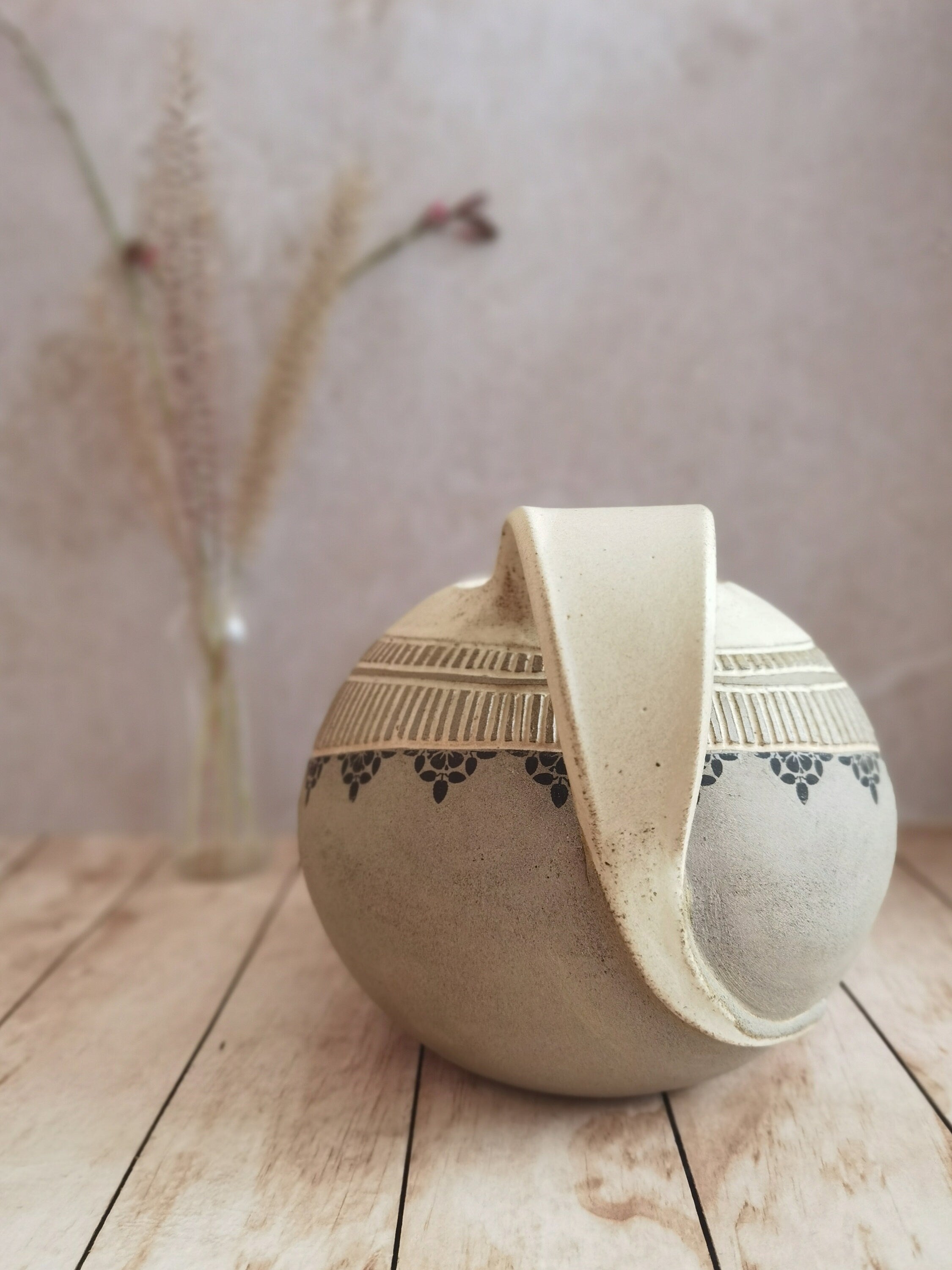Hand Engraved Ceramic Pitcher: Beige Pottery Drinkware