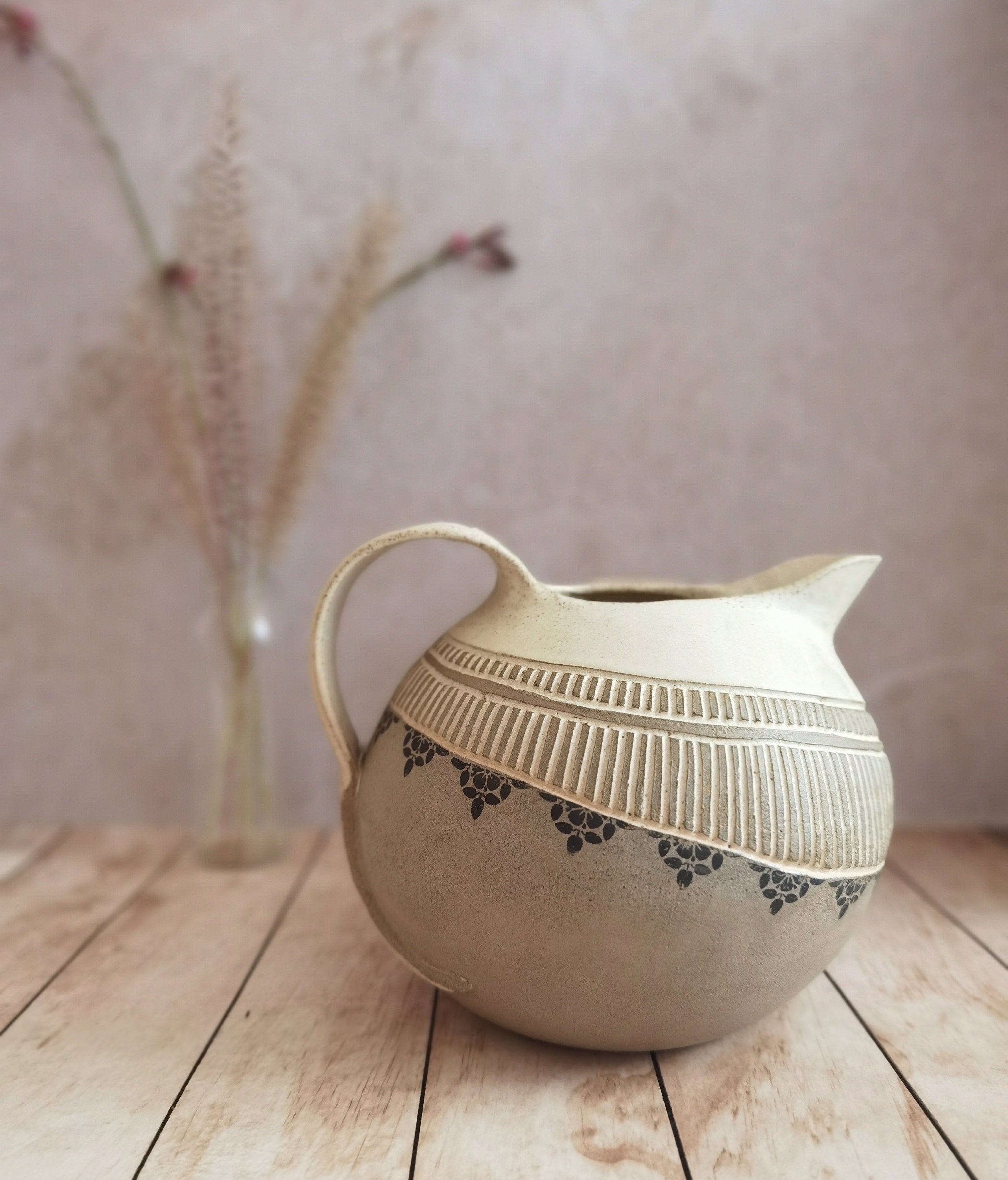 Hand Engraved Ceramic Pitcher: Beige Pottery Drinkware