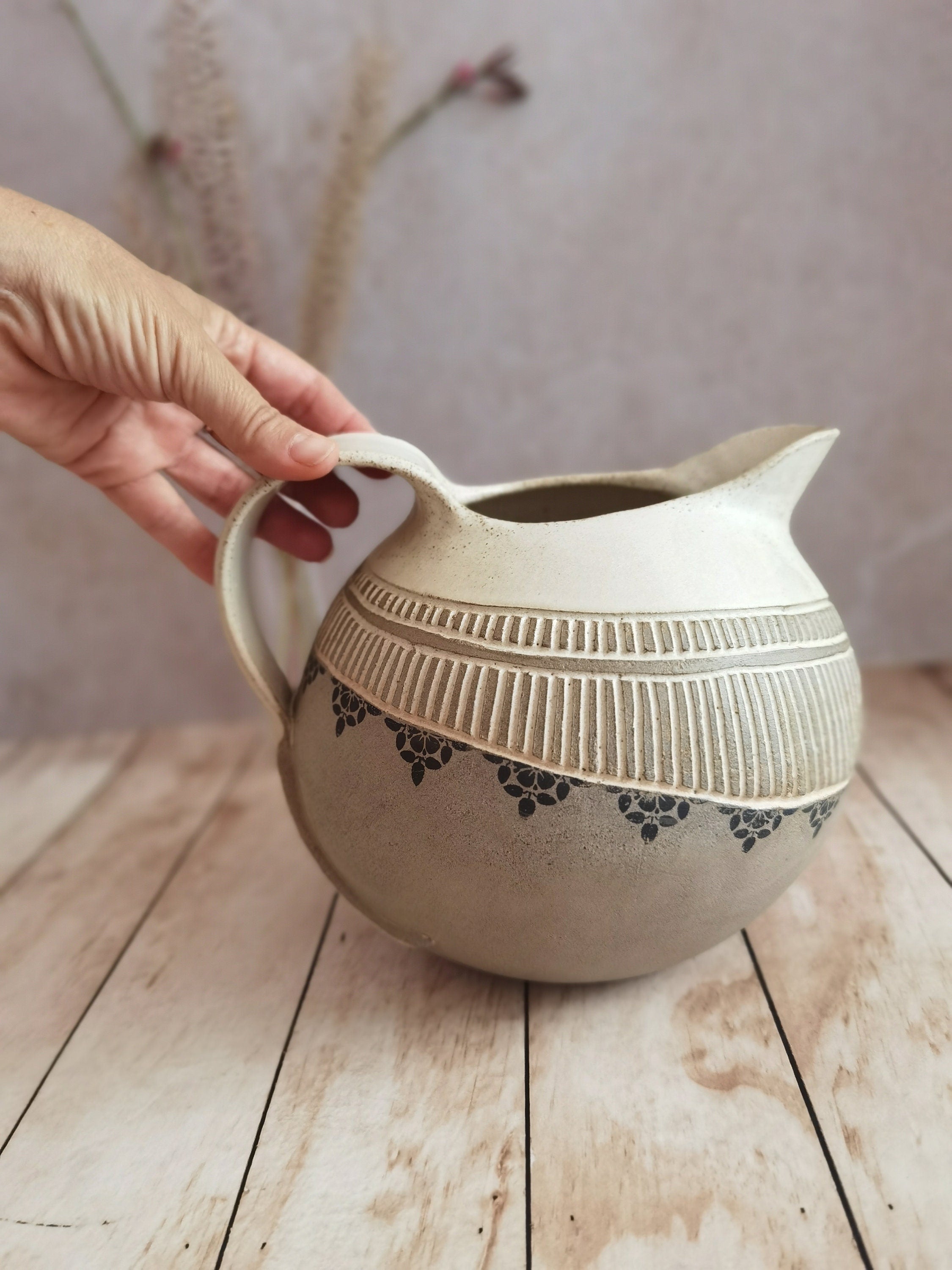 Hand Engraved Ceramic Pitcher: Beige Pottery Drinkware