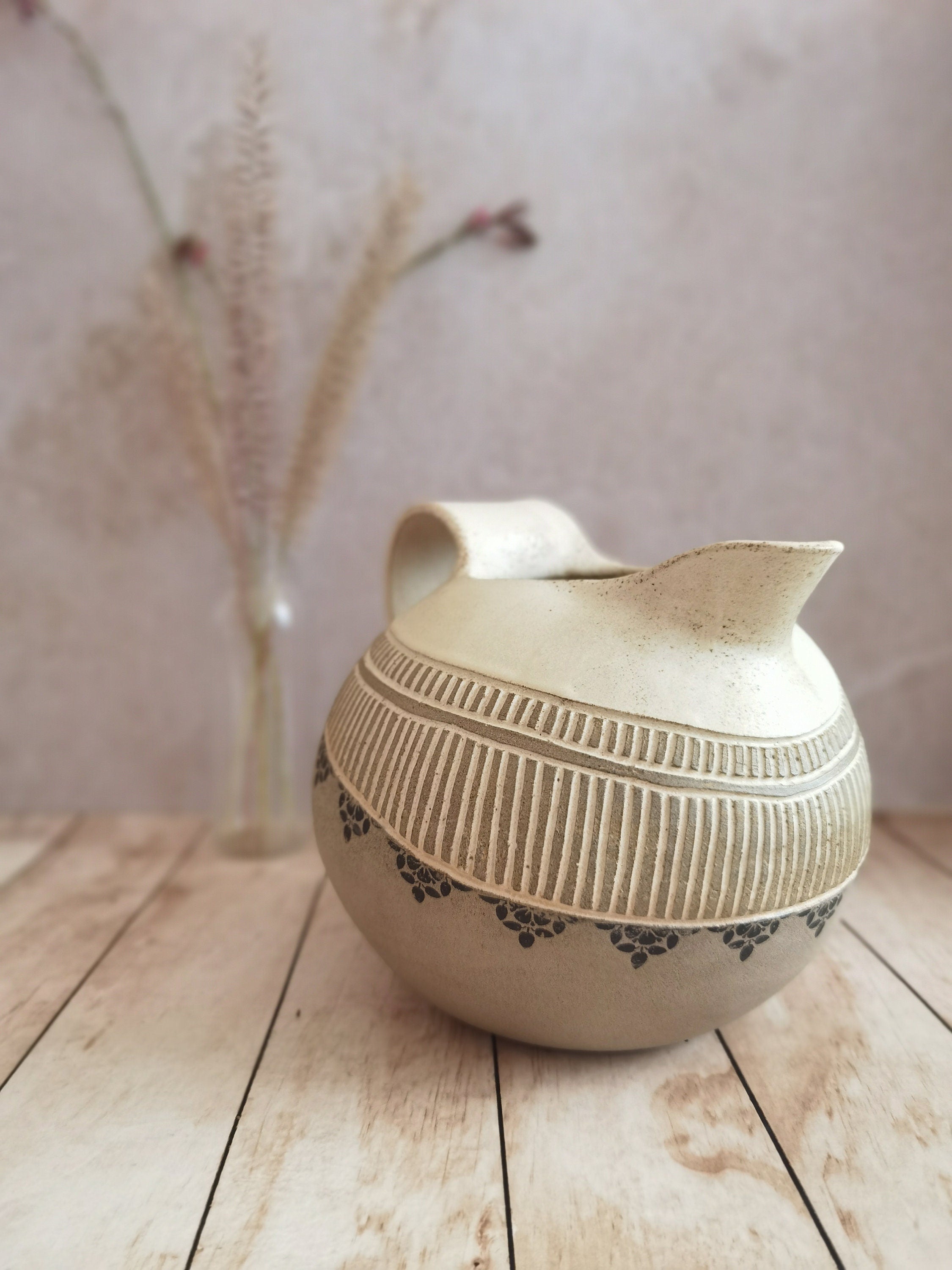 Hand Engraved Ceramic Pitcher: Beige Pottery Drinkware