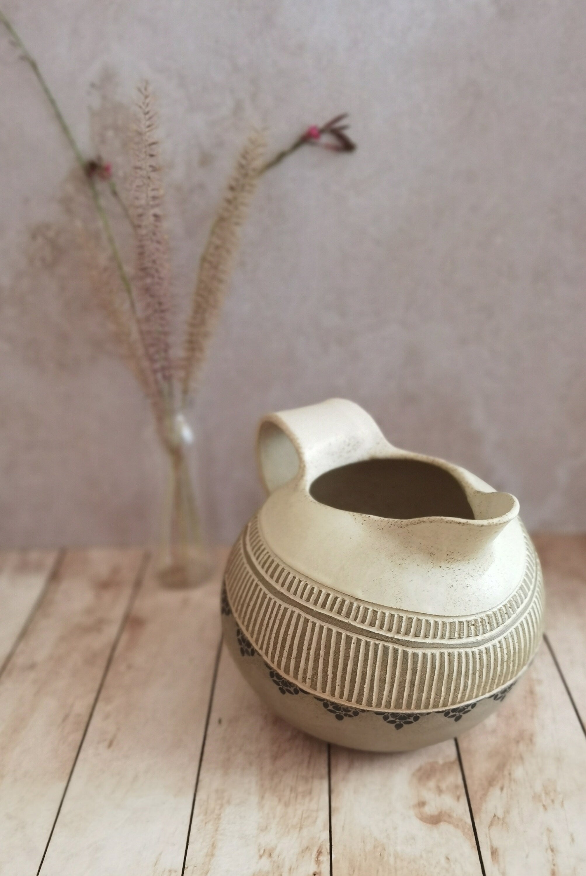 Hand Engraved Ceramic Pitcher: Beige Pottery Drinkware