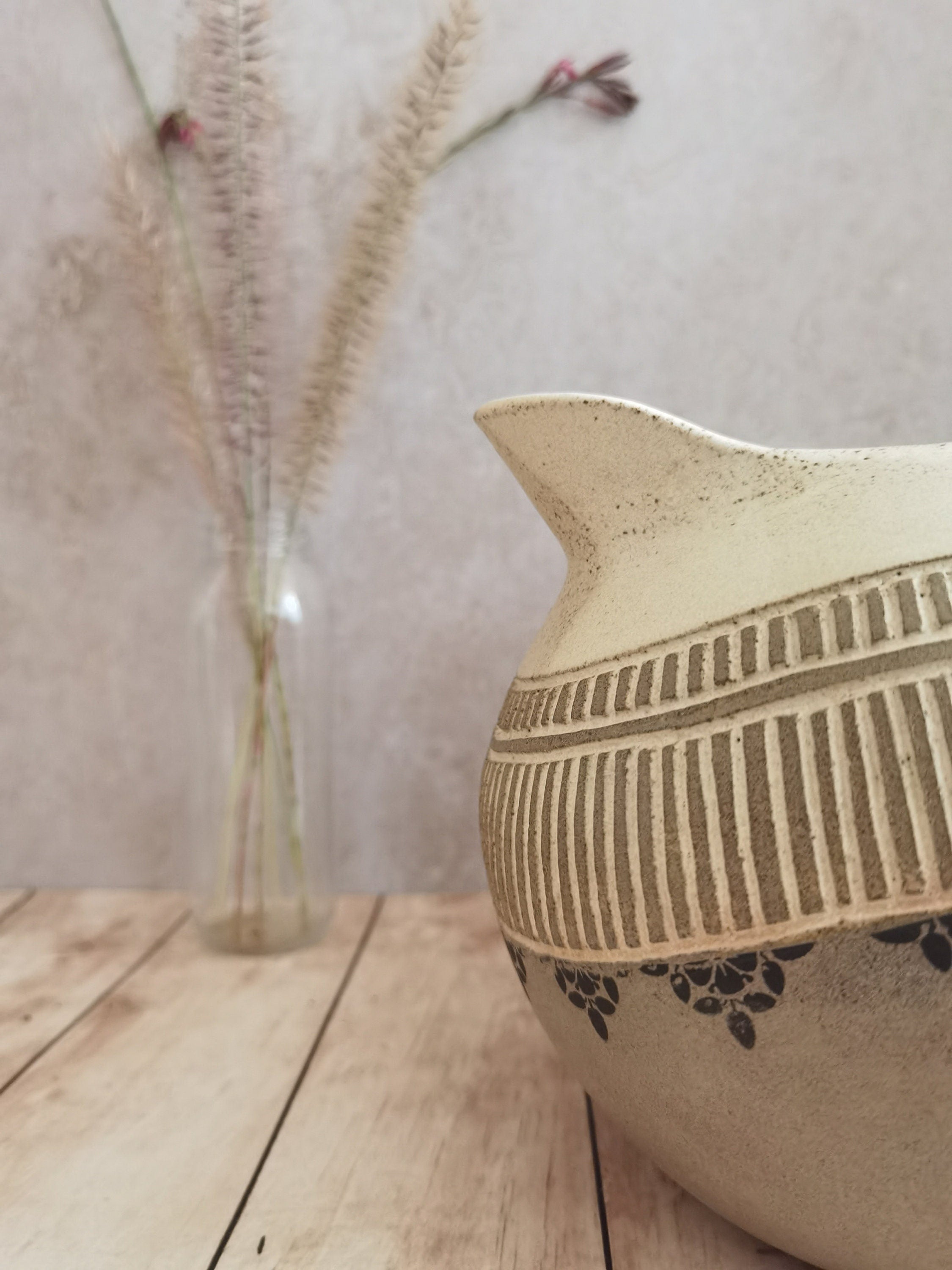 Hand Engraved Ceramic Pitcher: Beige Pottery Drinkware