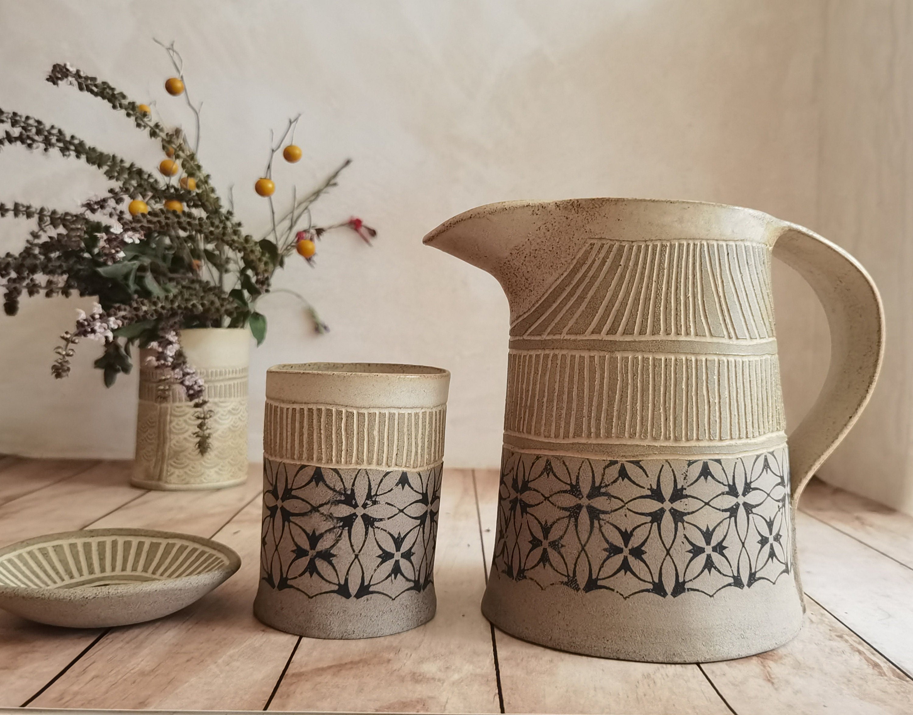 Handmade Ceramic Pitcher & Tumblers Set: Rustic Stoneware Drinkware
