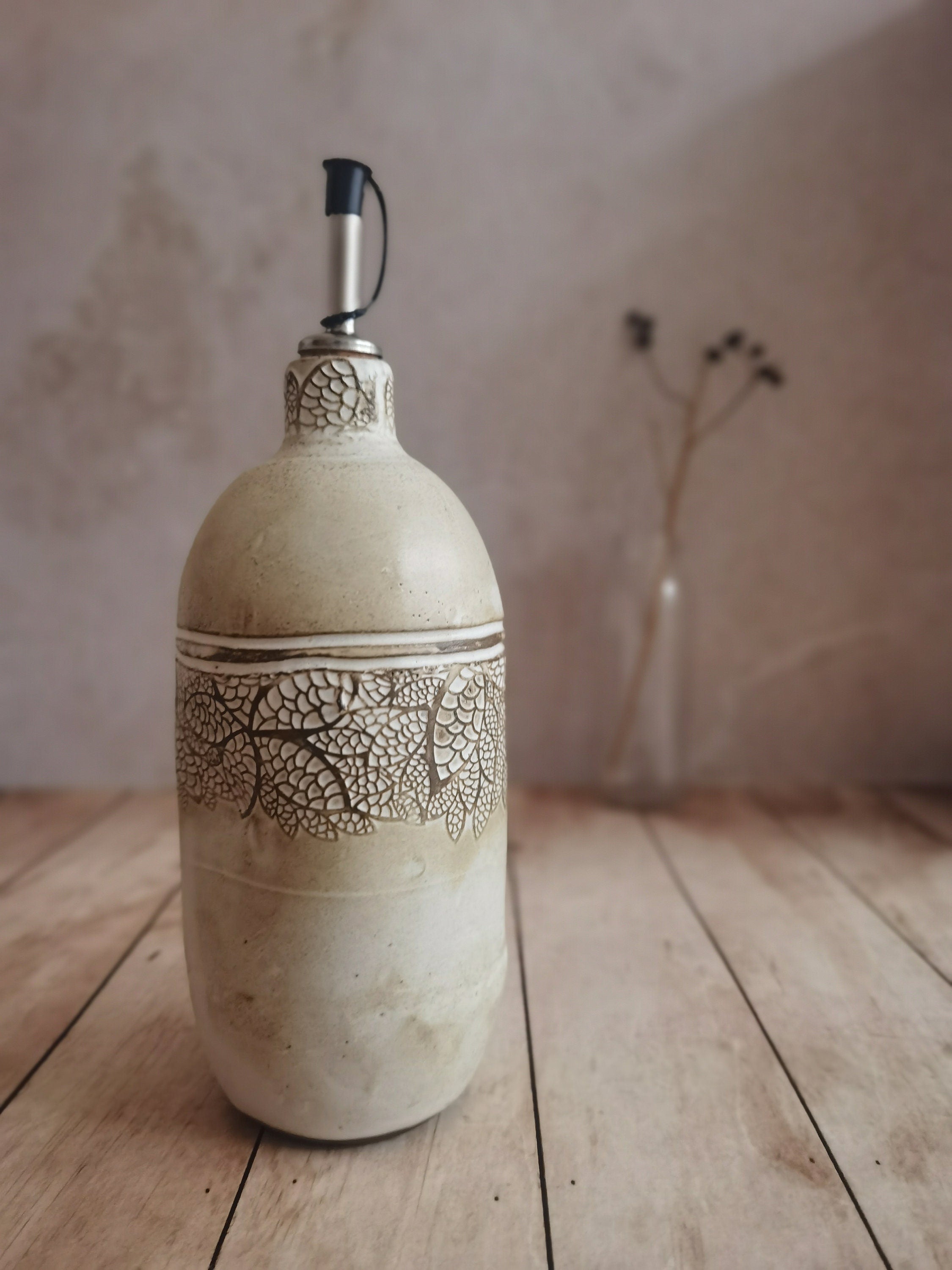 Handmade Ceramic Olive Oil Bottle: Rustic Pottery Dispenser, 30 oz