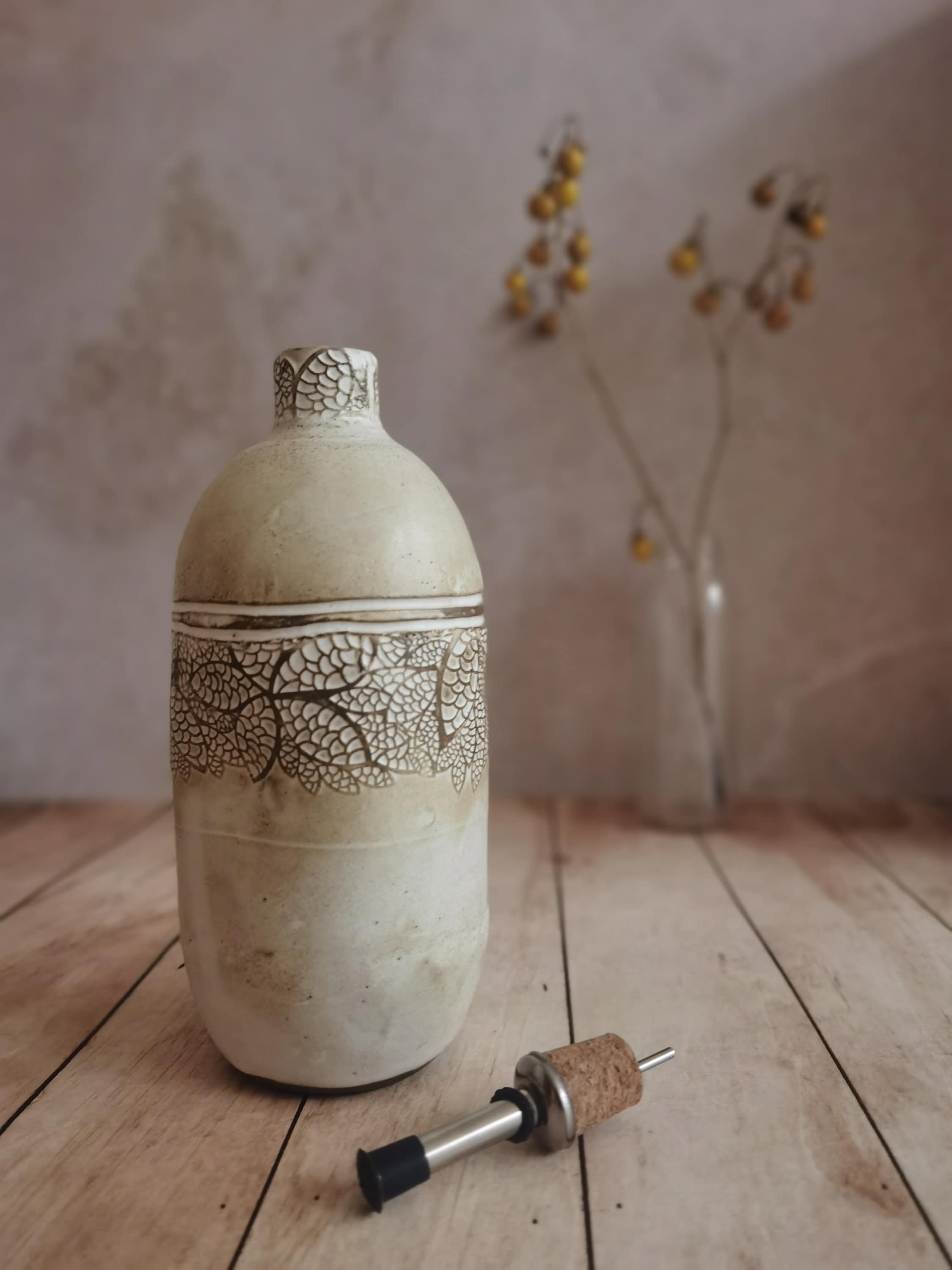 Handmade Ceramic Olive Oil Bottle: Rustic Pottery Dispenser, 30 oz