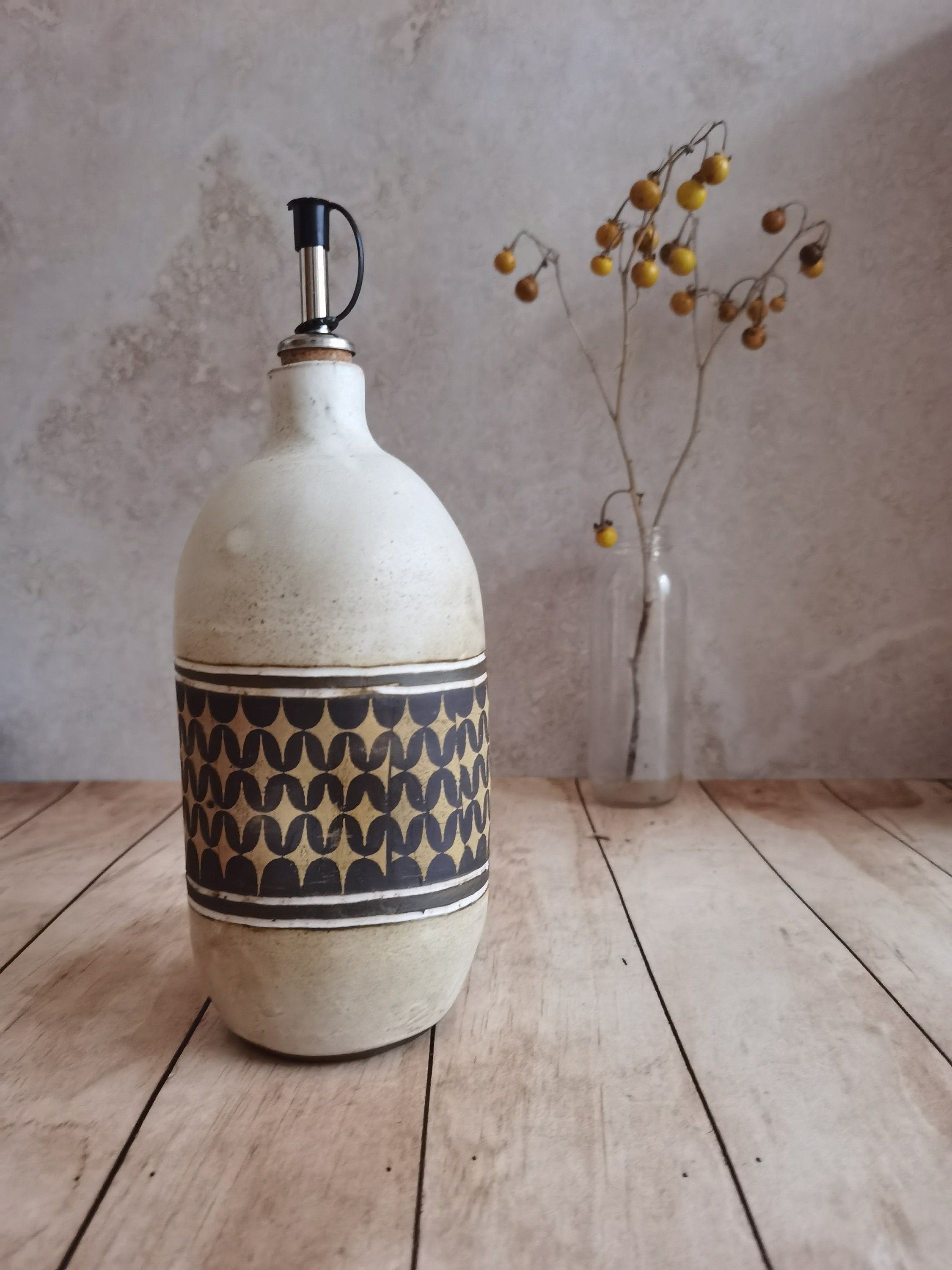 Handmade Ceramic Olive Oil Bottle: Rustic Pottery Dispenser, 30 oz