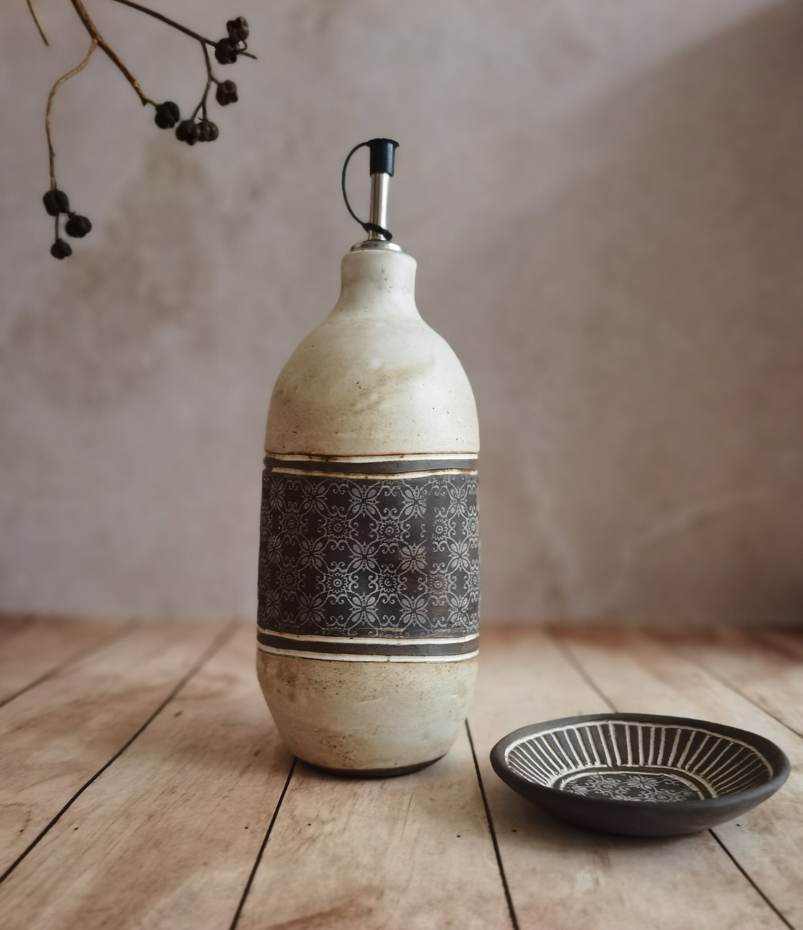 Handmade Ceramic Olive Oil Bottle, Rustic Pottery, Housewarming Gift