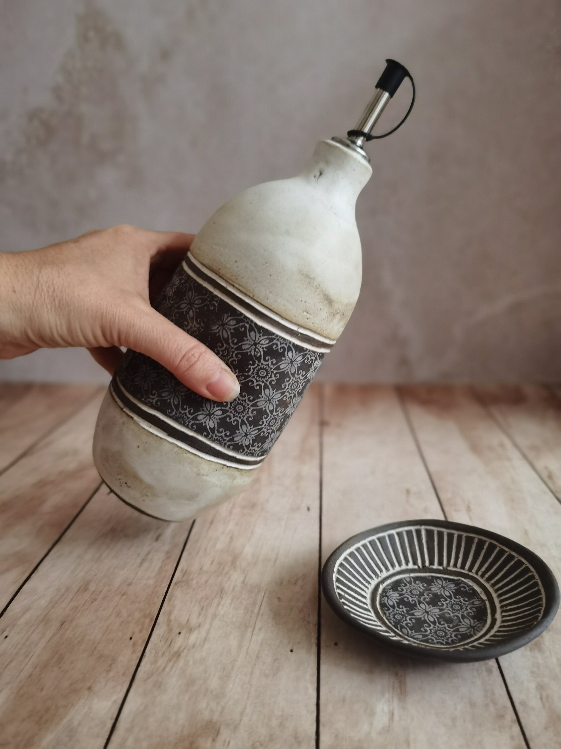 Handmade Ceramic Olive Oil Bottle, Rustic Pottery, Housewarming Gift