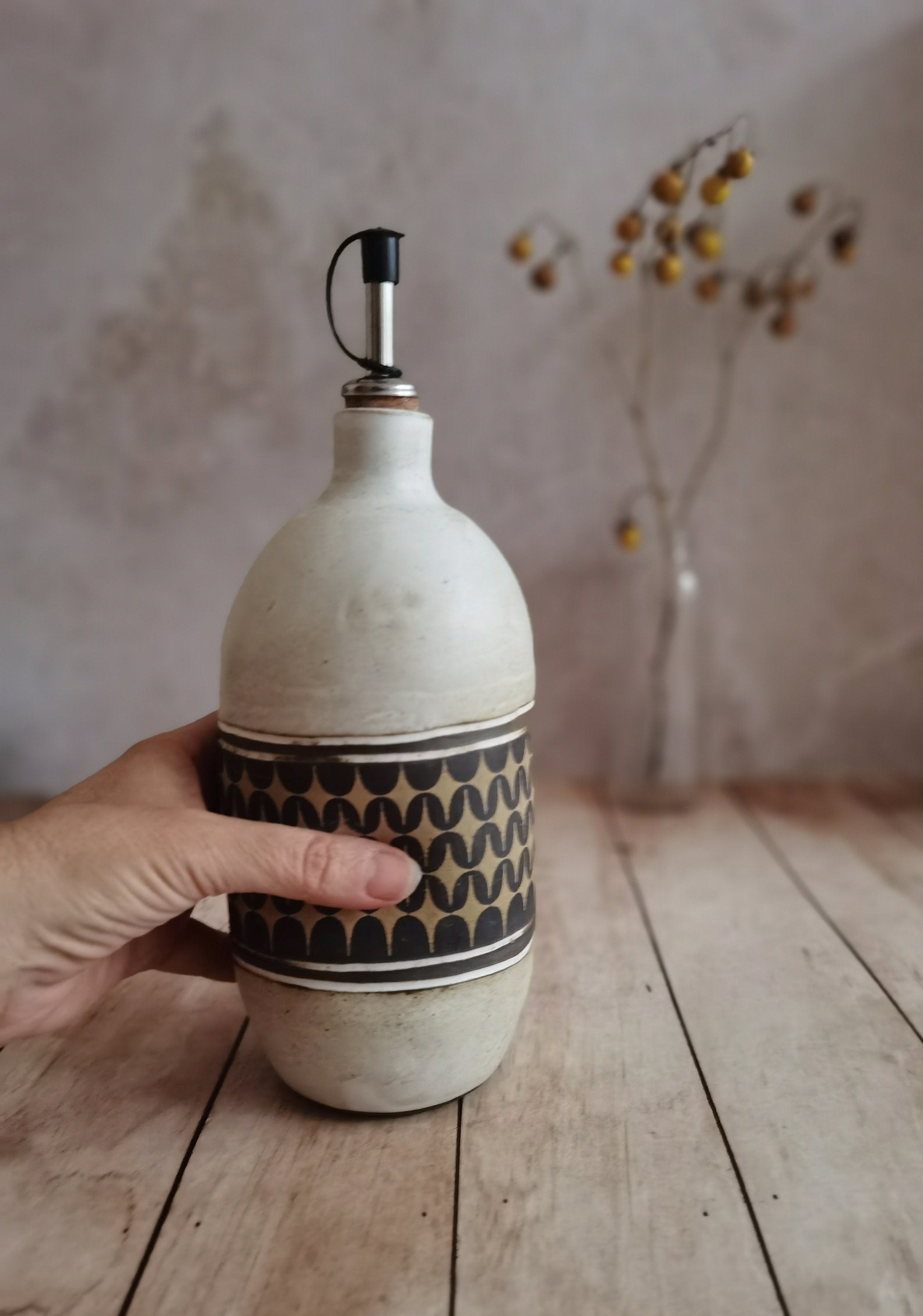 Handmade Ceramic Olive Oil Bottle: Rustic Pottery Dispenser, 30 oz