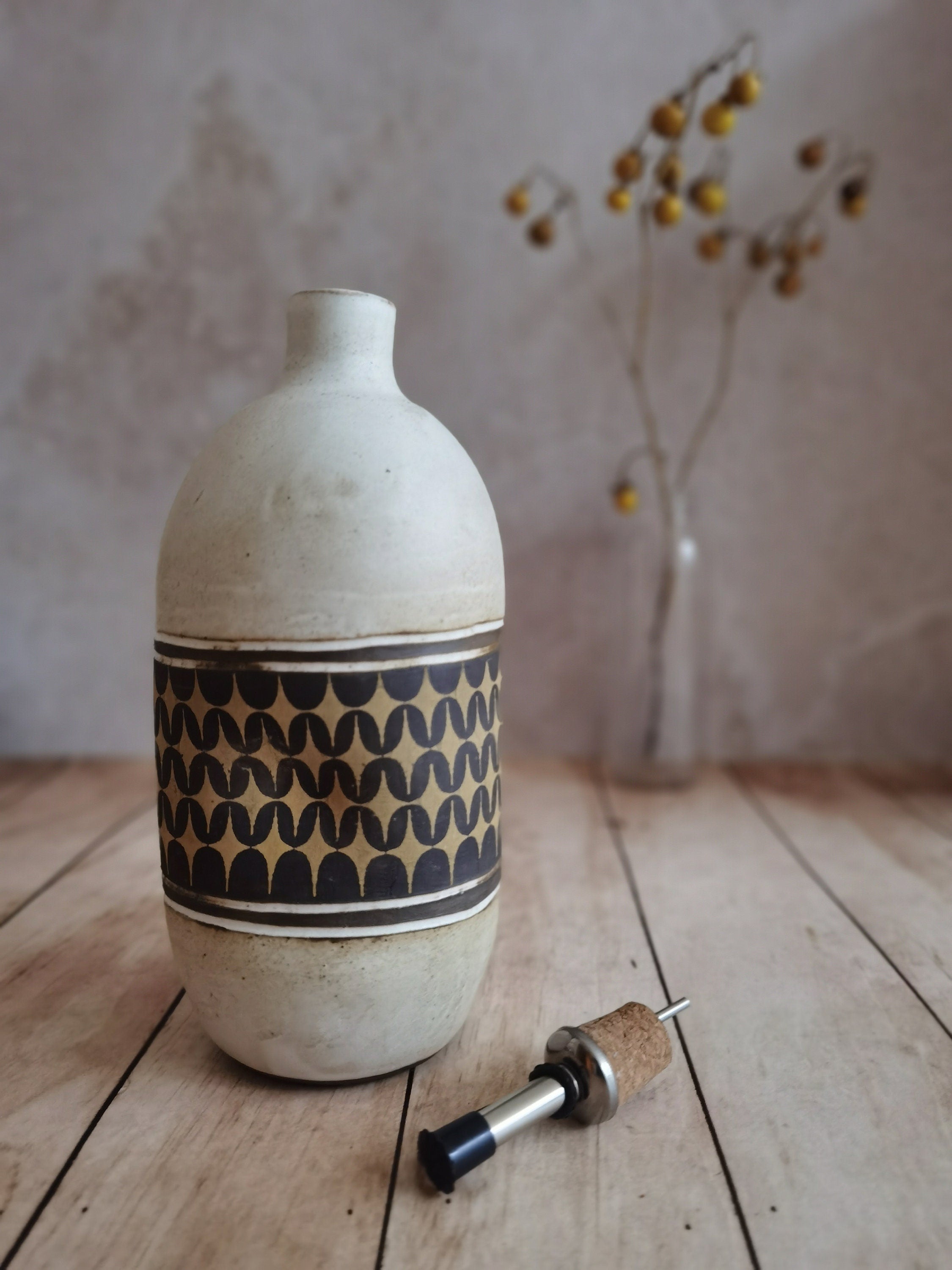 Handmade Ceramic Olive Oil Bottle: Rustic Pottery Dispenser, 30 oz